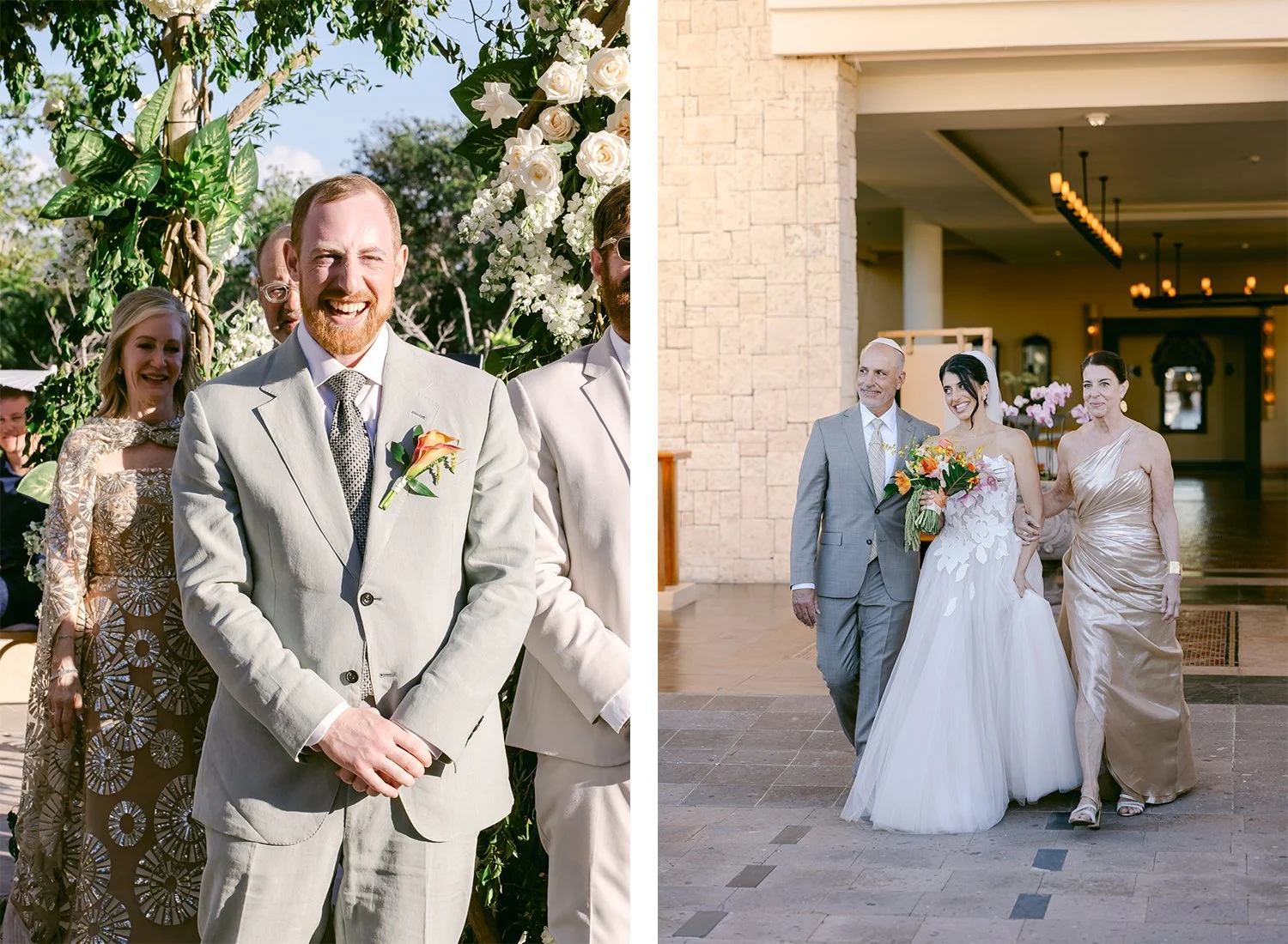 37 groom reaction wating for the bride entering the wedding ceremony walking down the isle with her parents.JPG