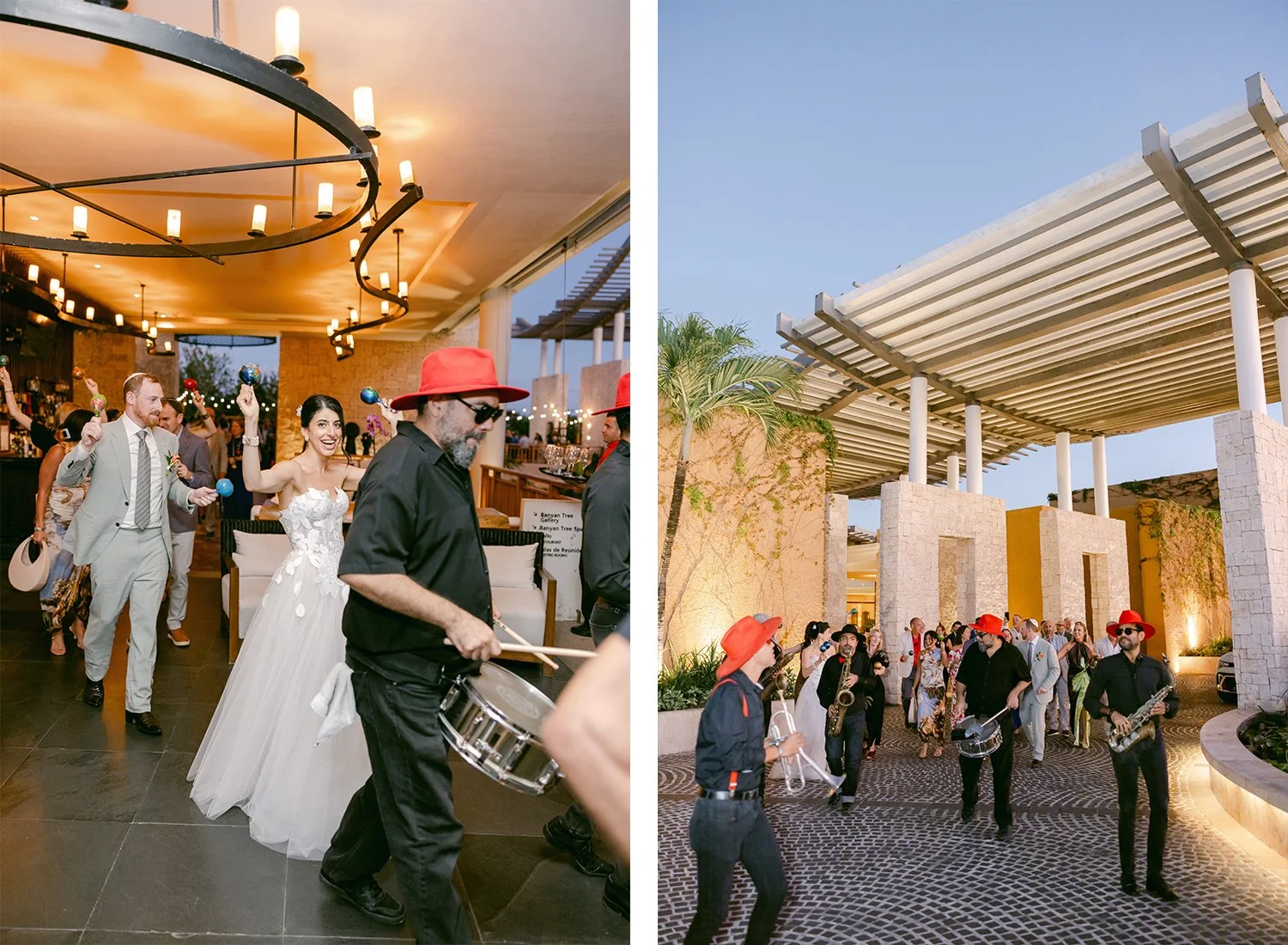 68 party music bride and groom celebrating with all wedding guests going to the wedding reception with men playing drums.JPG
