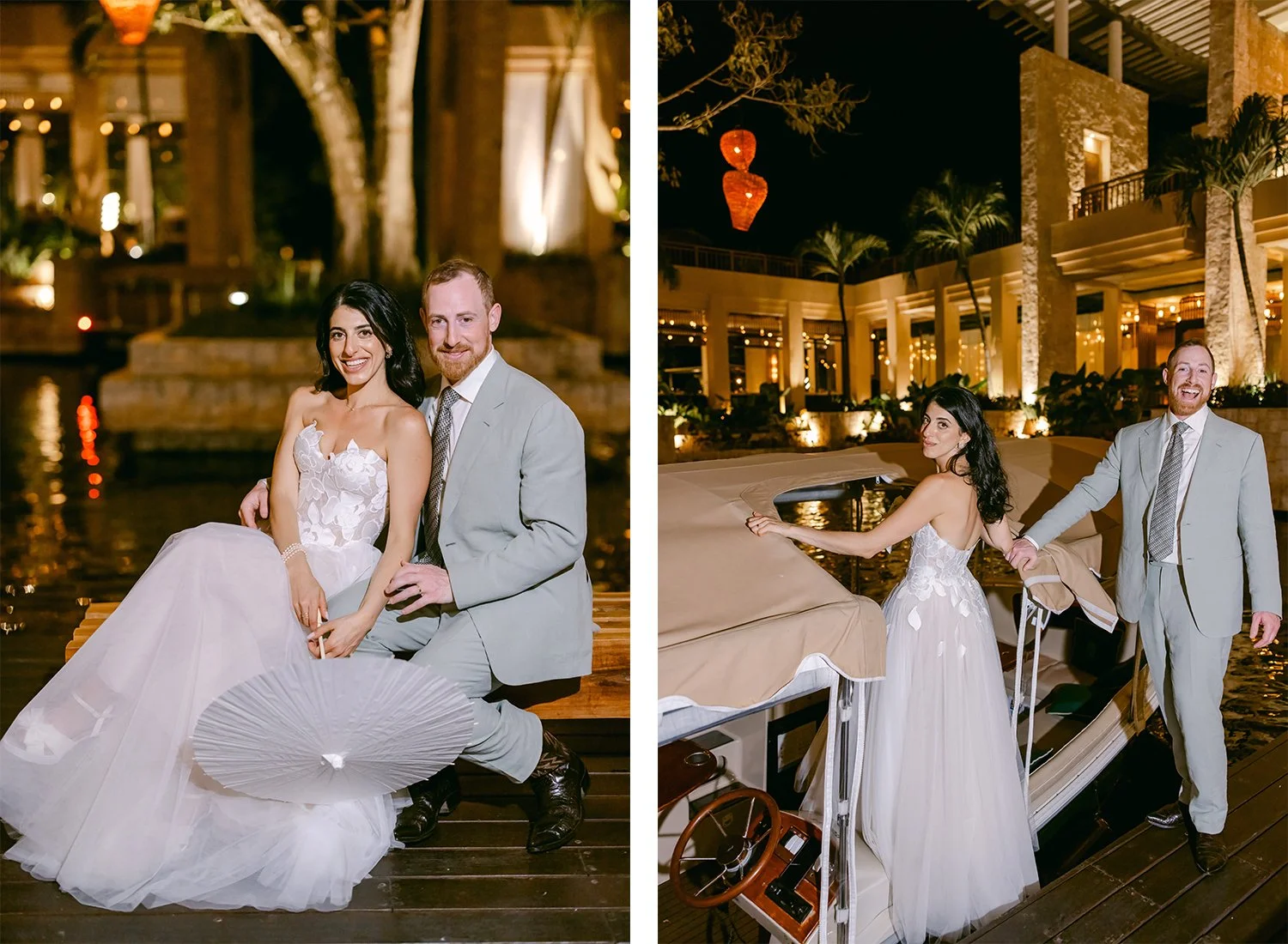70 bride and groom beautiful posing together with an umbrella getting on a boat mayakoba riviera maya banyan tree cancun mexico.JPG