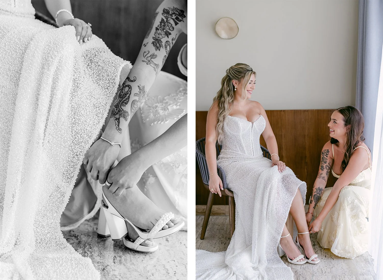 9.2 beautiful detail shot of bride's dress and bridesmaid helping bride to put on her shoes.jpg