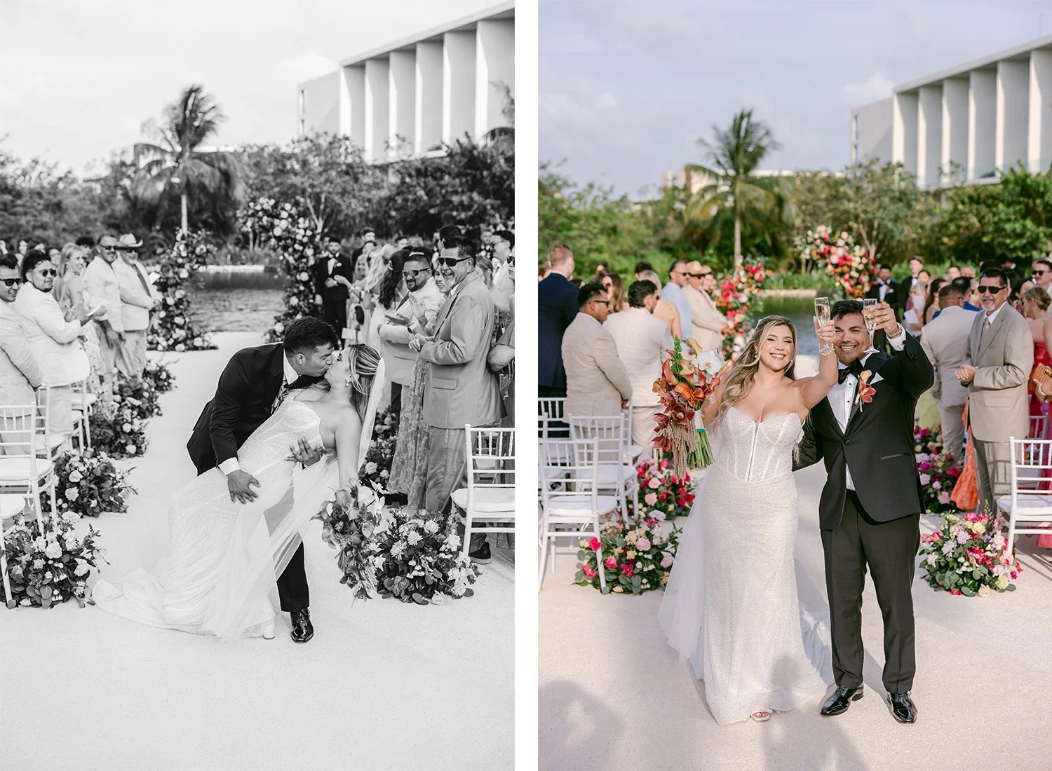 35 bride and groom walking down the isle kissing dip and drinking champagne.JPG