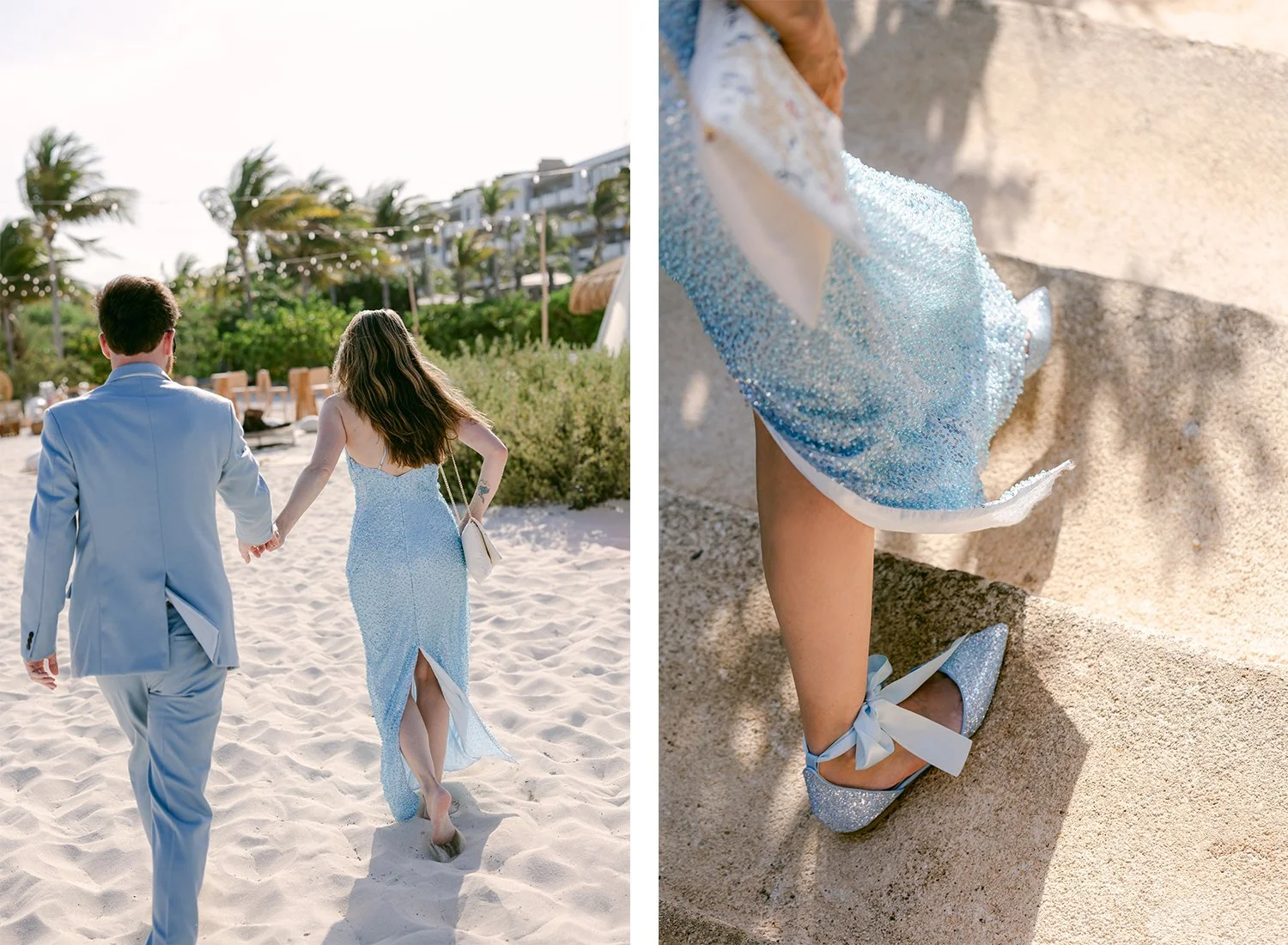 08 bride and groom walking on the beach with detail shot of bride's blue dress and shoes.JPG