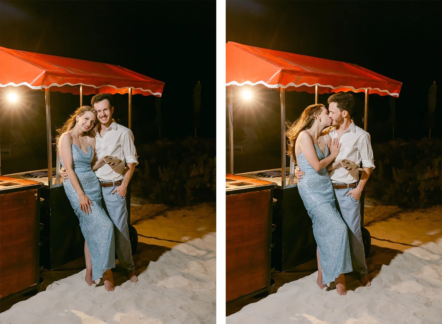 35 bride and groom kissing at the beach in the night eating deserts.JPG