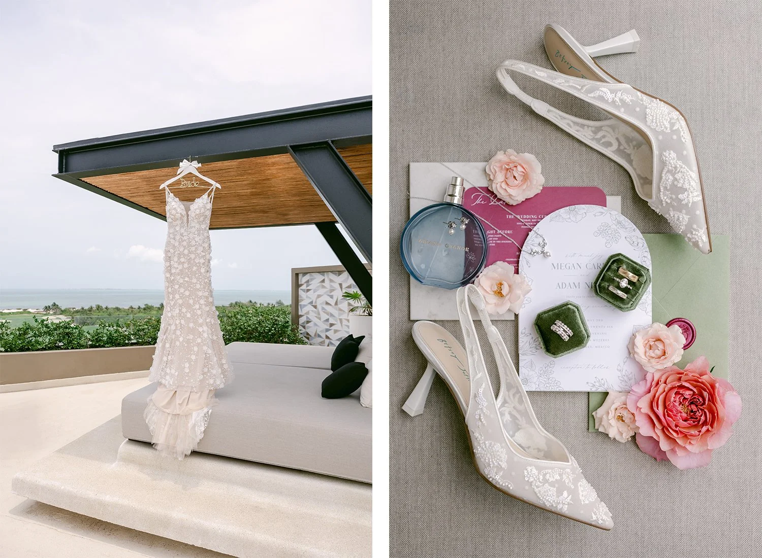 02 beautiful bride's dress and flatlay of her wedding accesories and shoes and wedding invitation.JPG