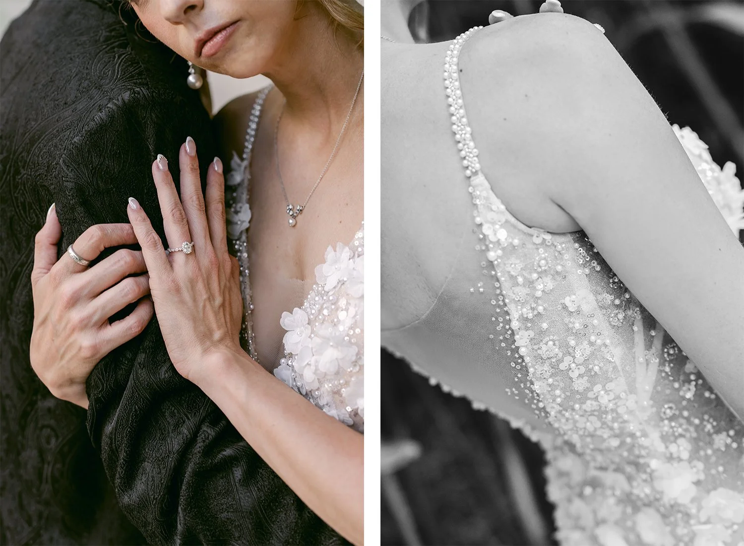 28 closeup details of bride hugging groom detailed ring and dress.JPG