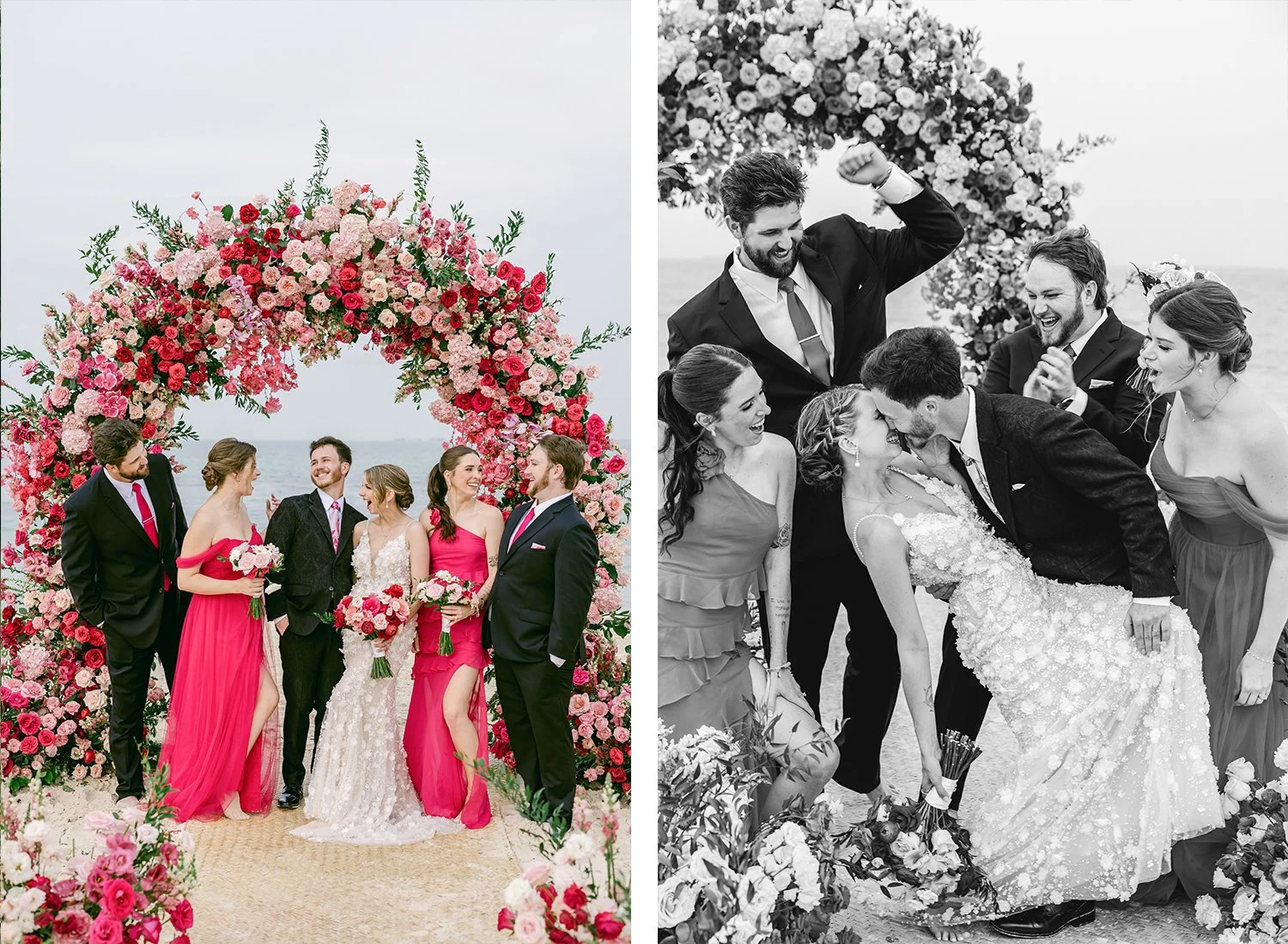 46 beautiful photos of bride and groom with bridal party celebrating and kissing after wedding by the beach.JPG
