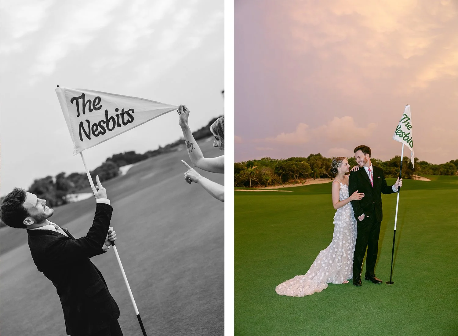 55 bride and groom with personalized golf course flag smiling and posing.JPG