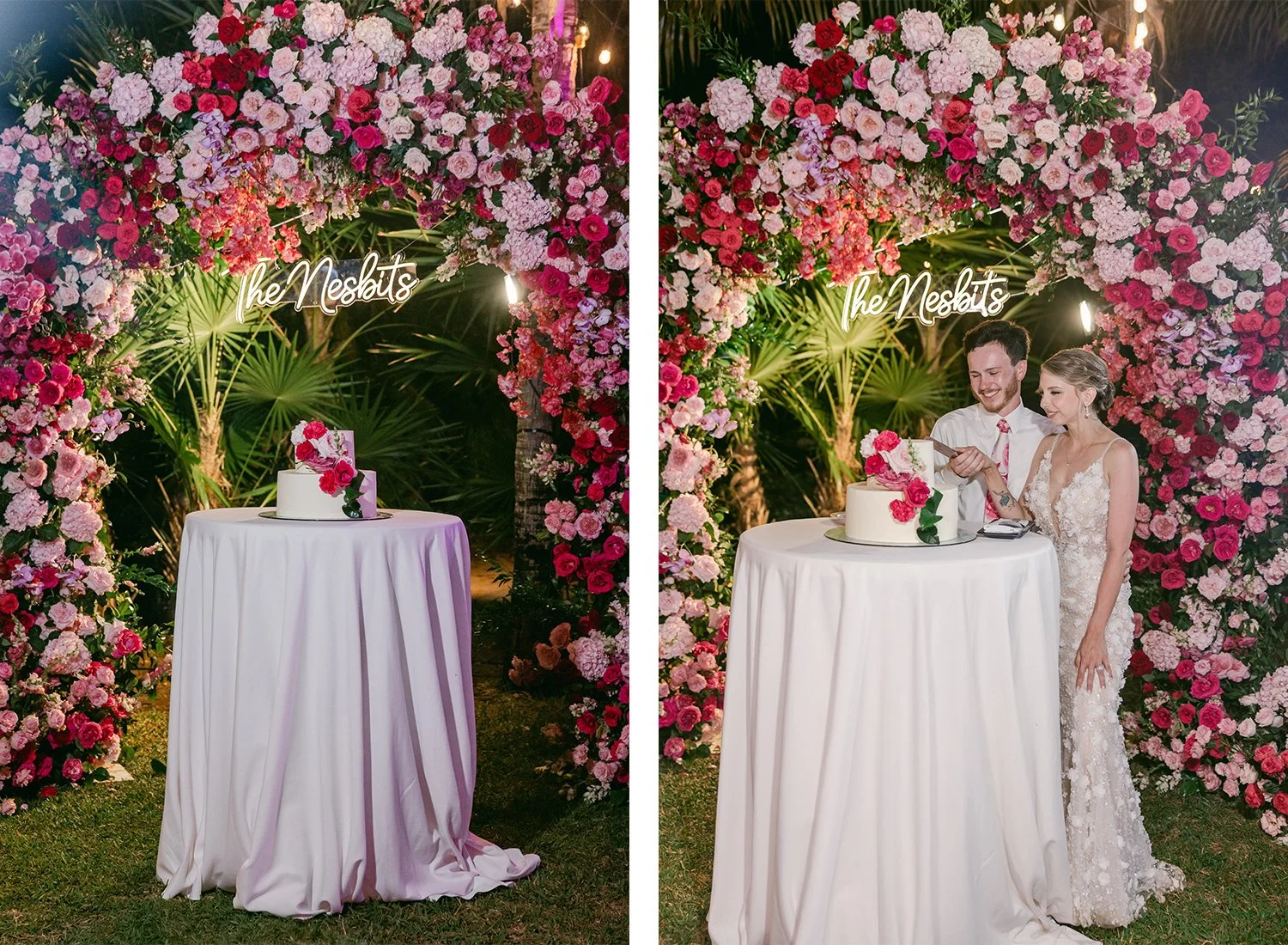 59 bride and groom in the cake cutting with beautiful table and arch design and neon sign.JPG