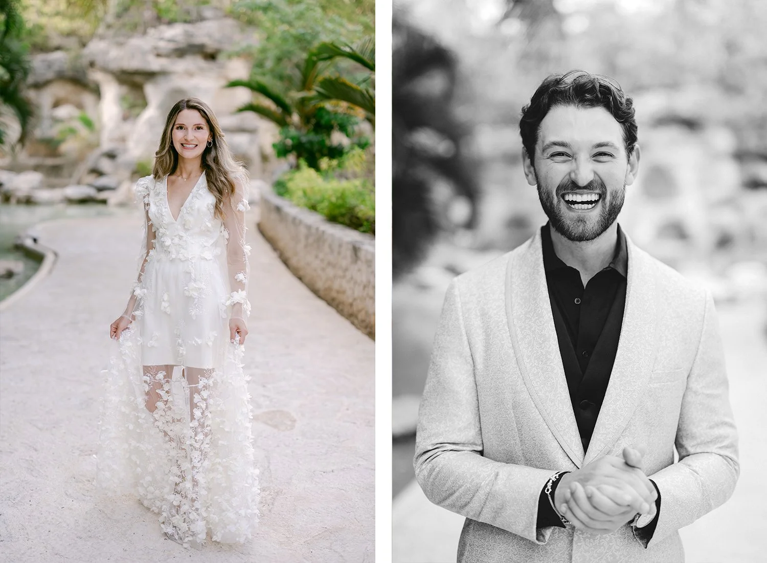 05 bride showing cute welcome party white dress and handsome groom smiling at the camera.JPG