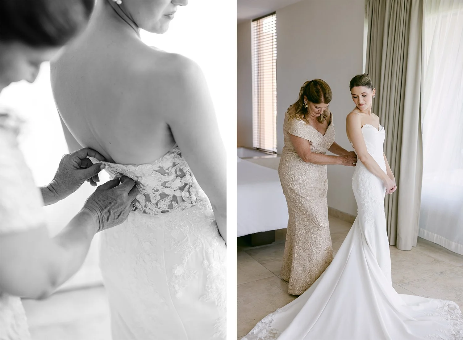09.4 mother of the bride helping her to put on her white wedding dress.jpg