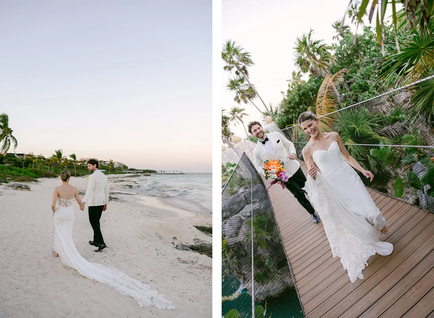 46 happy laughing couple bride and groom walking to the wedding reception in the beach and over a wooden bridge.JPG