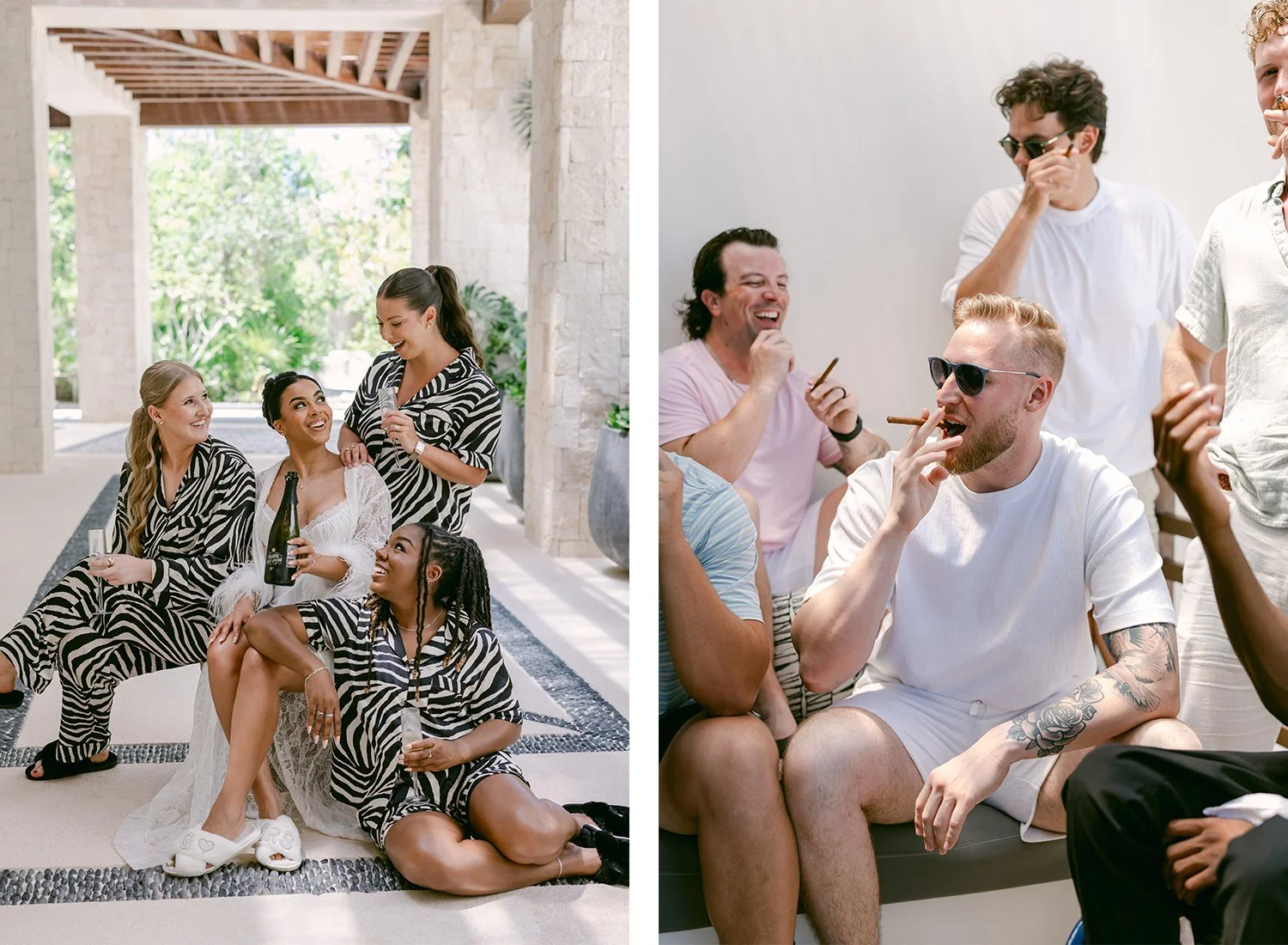 06 bride with bridesmaids enjoying champagne and groom with his groomsmen laughing together.JPG