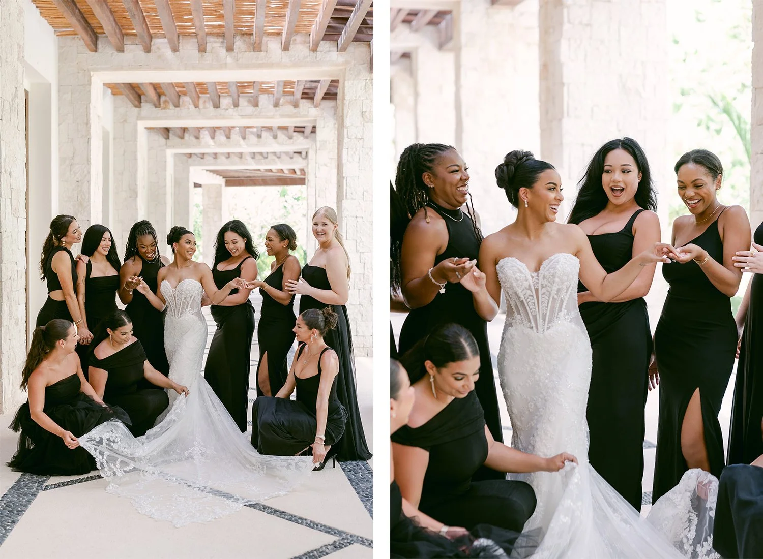 12 smiling bride and bridesmaids appreciating bride's white wedding dress in first look.JPG