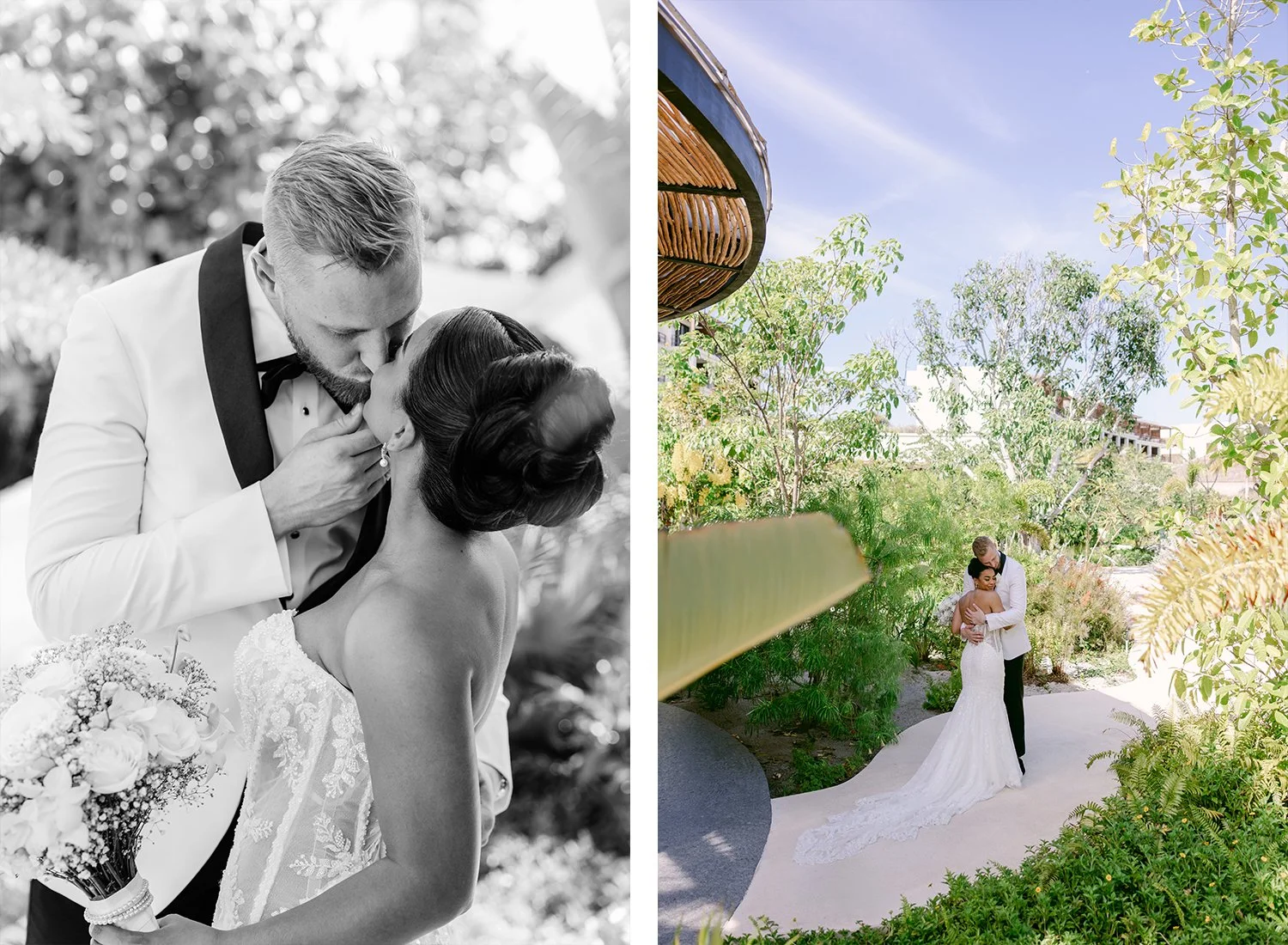 19 bride and groom kiss and hug in a tropical landscape in cancun secrets playa blanca.JPG