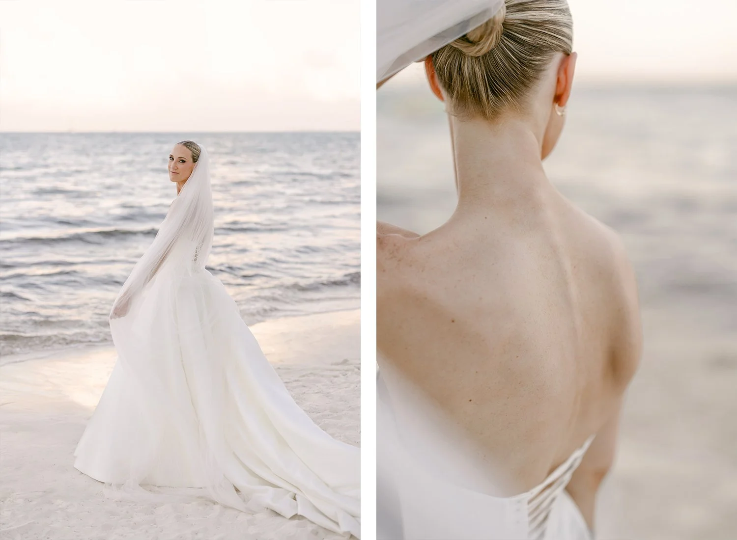55 beuaitufl bride in her wedding dress posing with the veil at the beach in the sunset golden hour.JPG