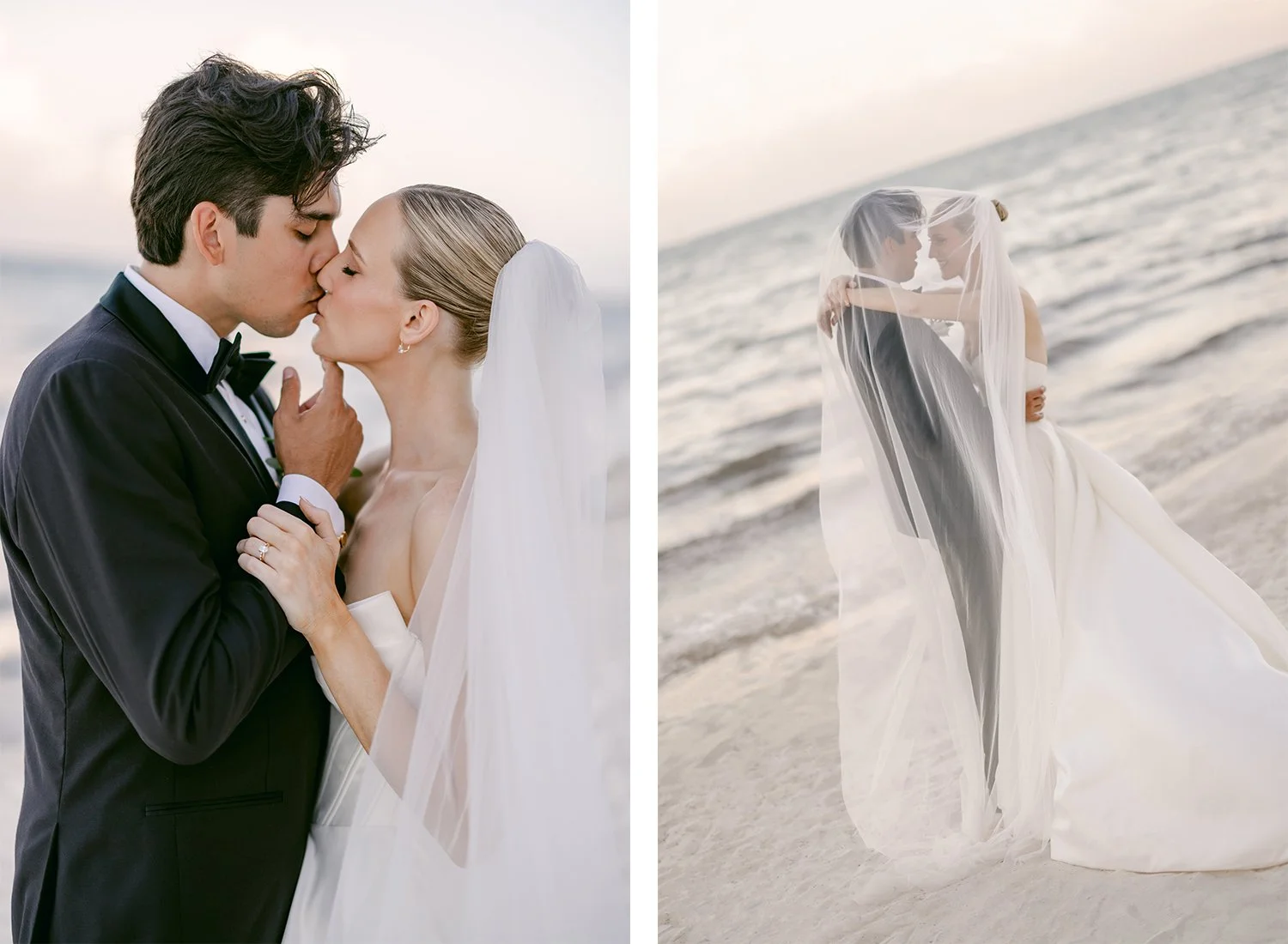 56 bride and groom kissing at the beach golden hour under the veil.JPG