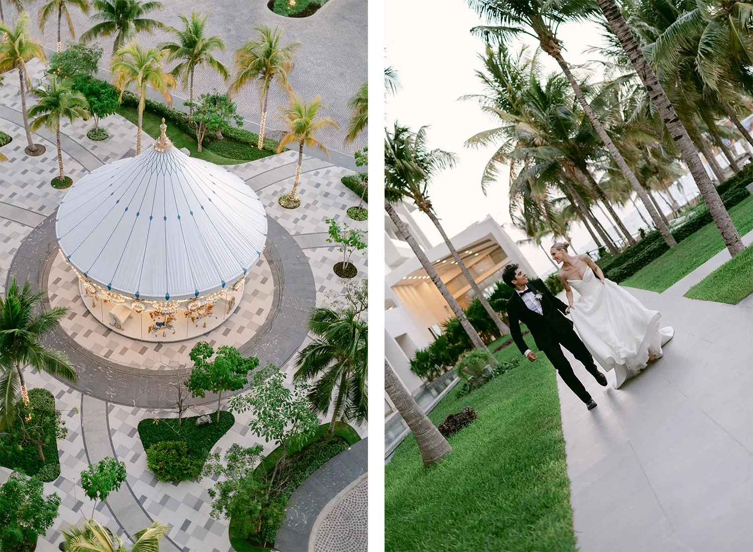 58 beautiful carousel in garza blanca cancun and bride and groom walking to the wedding reception.JPG