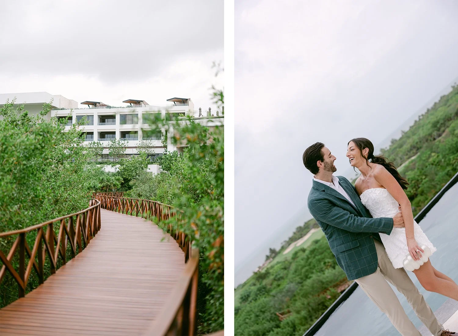 01 beautiful landscape wooden bridge venue and bride and groom laughing together hugging.JPG