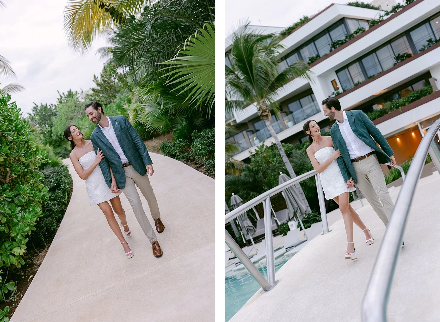 06 amazing photos of bride and groom walking together with tropical background and over a bridge by the venue's pools.JPG