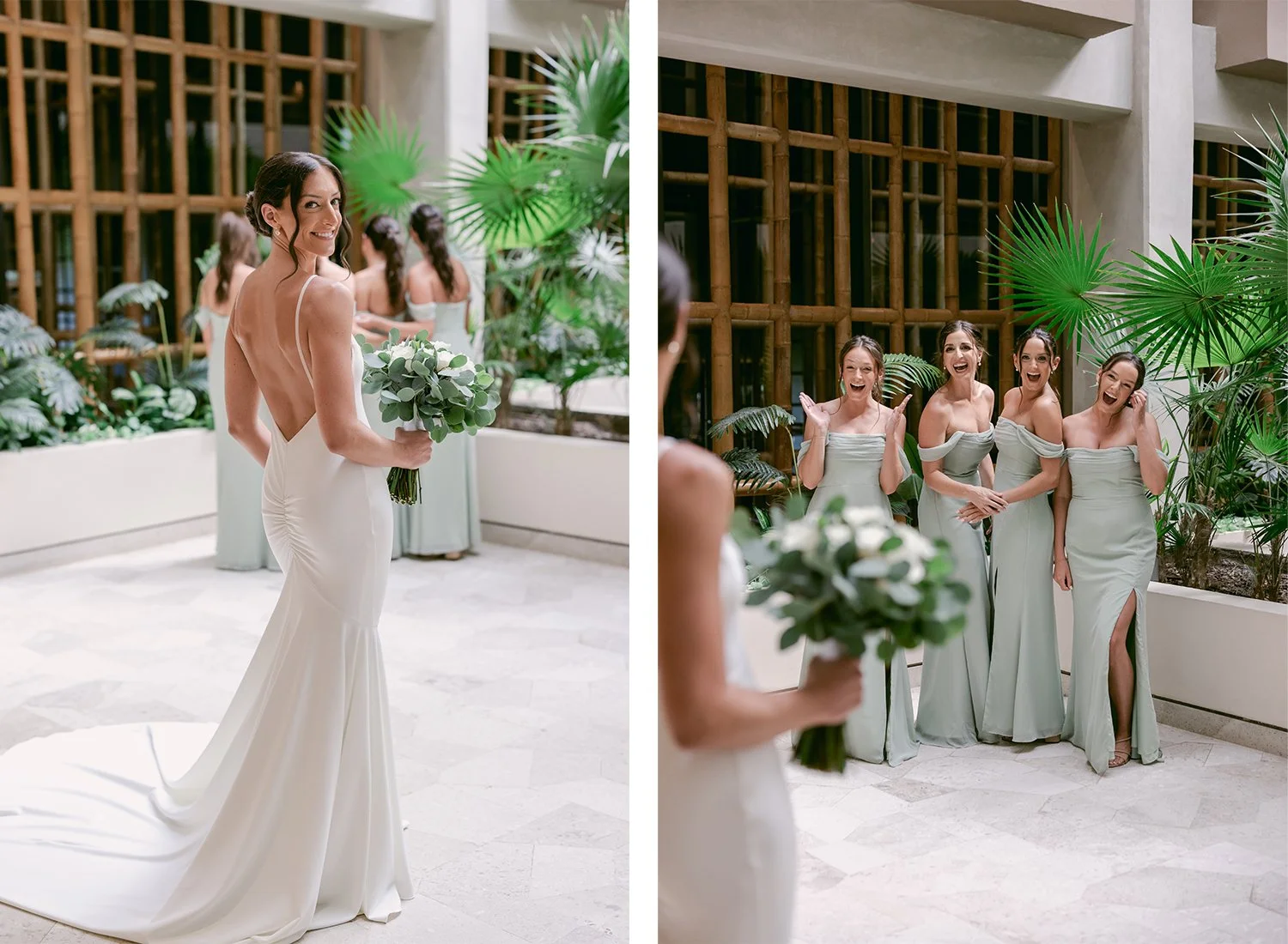07 bride about to surprise bridesmaids in first look wearing her wedding dress.JPG