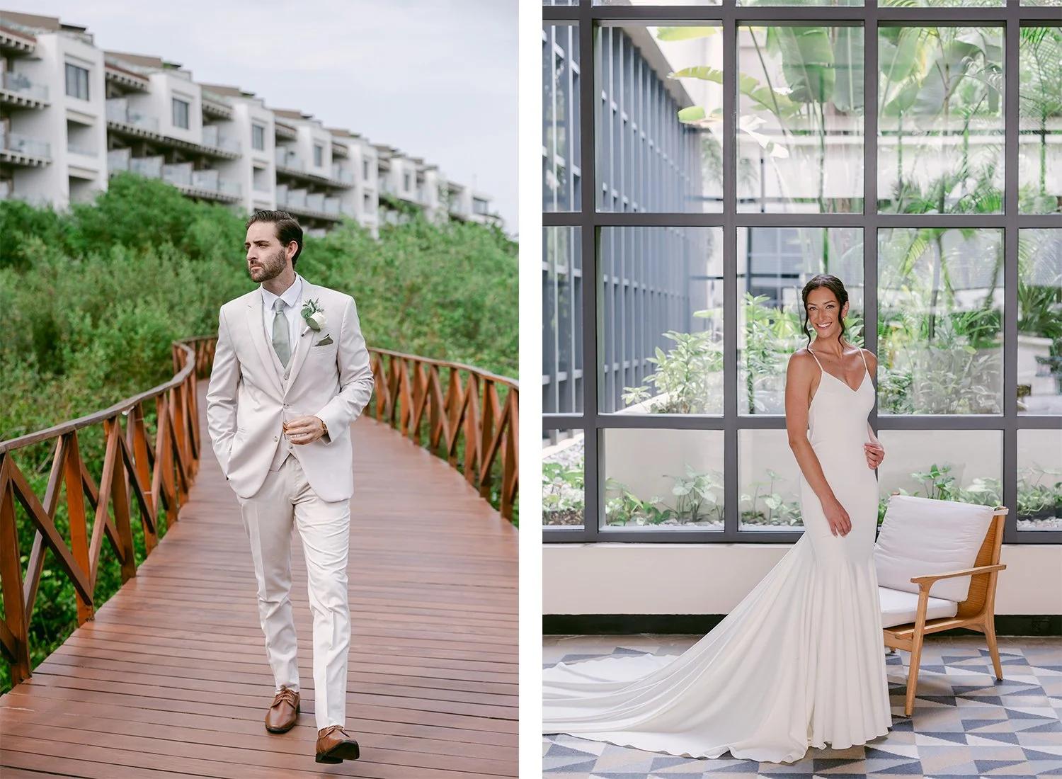 11 groom walking on a wooden bridge smiling and bride ready wearing her wedding dress smiling.JPG