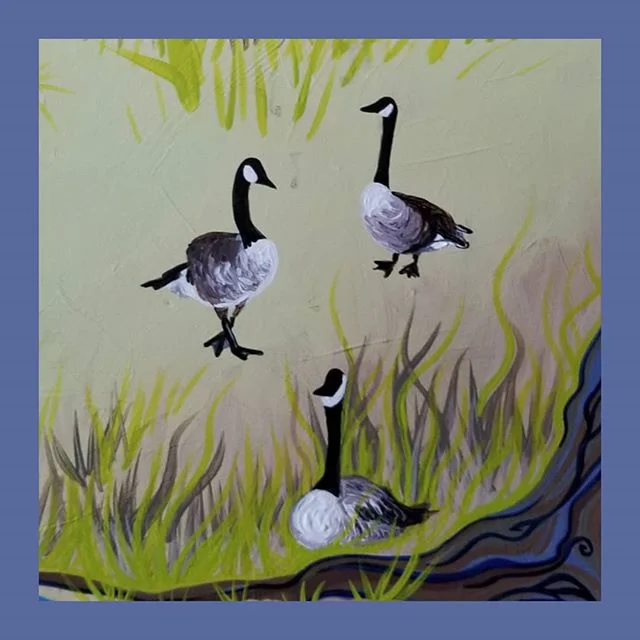 The other day when I was driving I stopped by the river to get out and walk around and a goose was walking around too! I was just struck with cuteness &amp; couldn't help but put some in this painting I'm working on!

Goose is a funny word!!! Check o