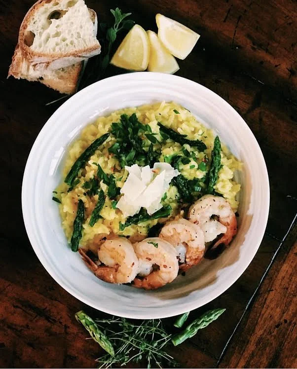 Asparagus Saffron Risotto with Grilled Shrimp