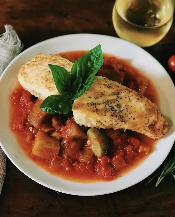 Pan Sear Halibut with Eggplant & Zucchini Ragout