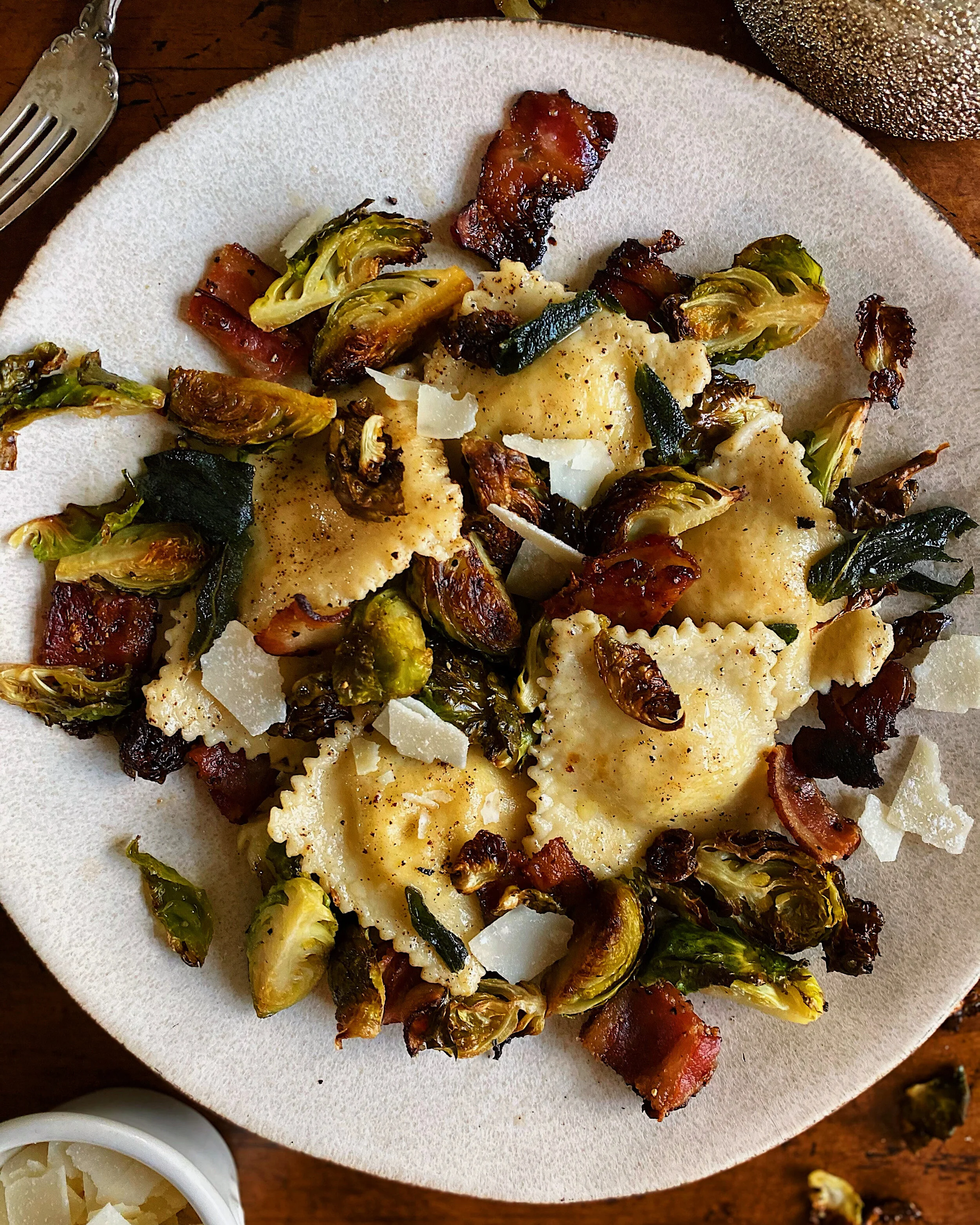 Homemade Sage Brown Butter Ravioli with Brussel Sprouts &amp; Applewood Bacon