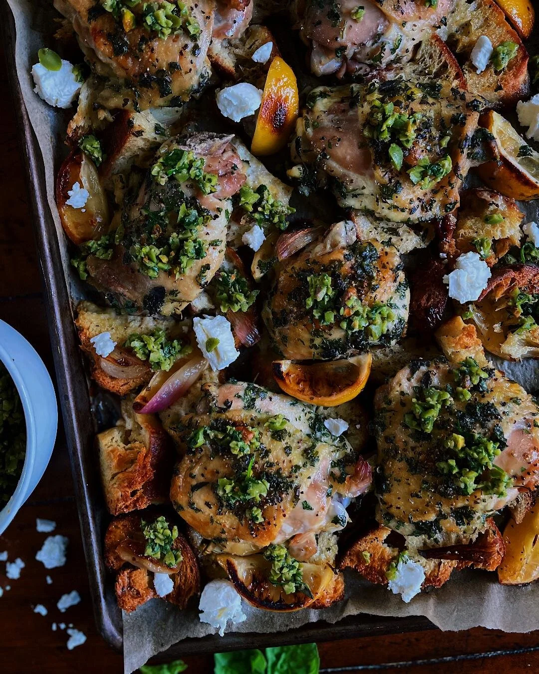 Roasted Lemon Butter Chicken with Pistachio Olive Sauce