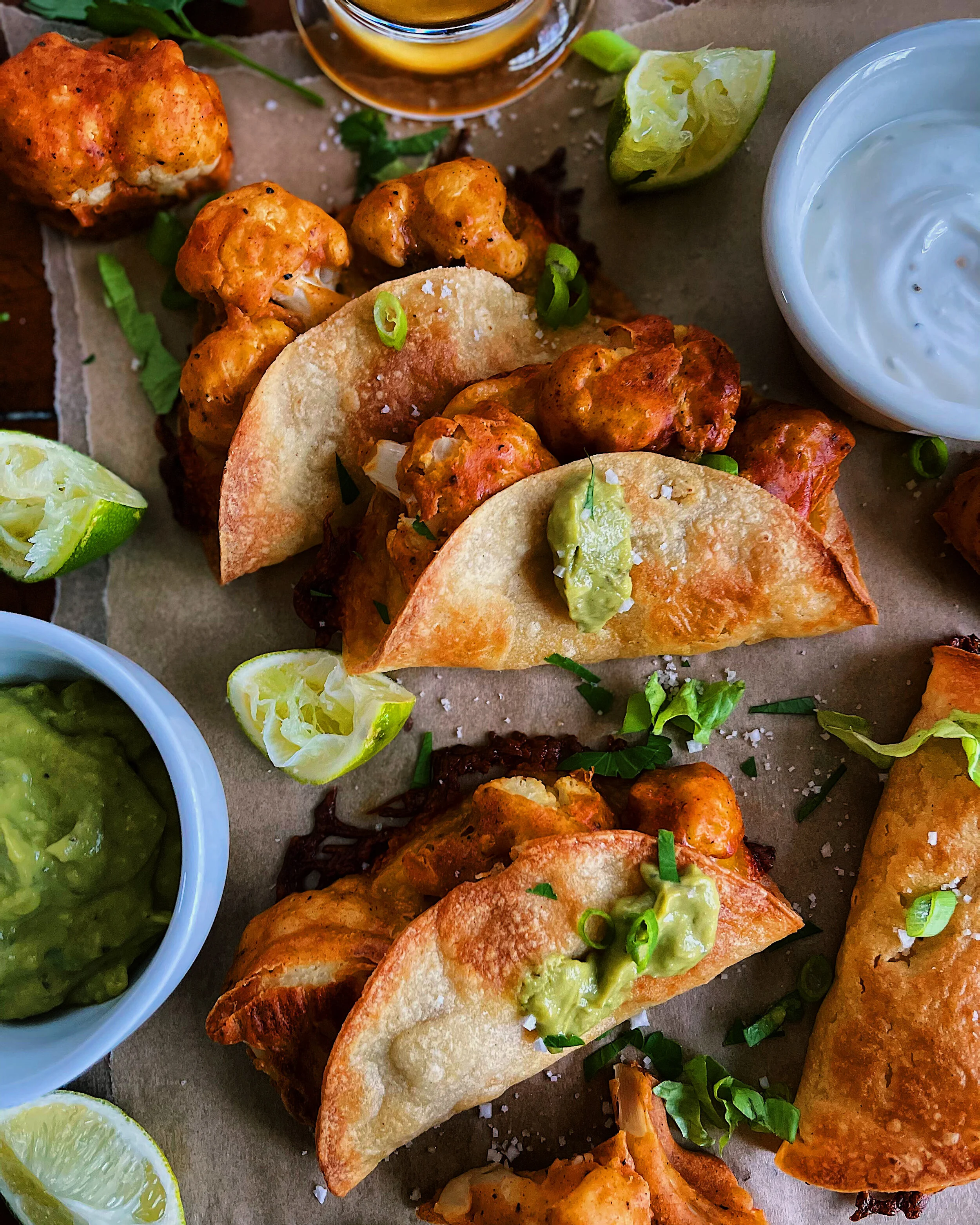 Spicy Battered Cauliflower Tacos with Avocado Crema