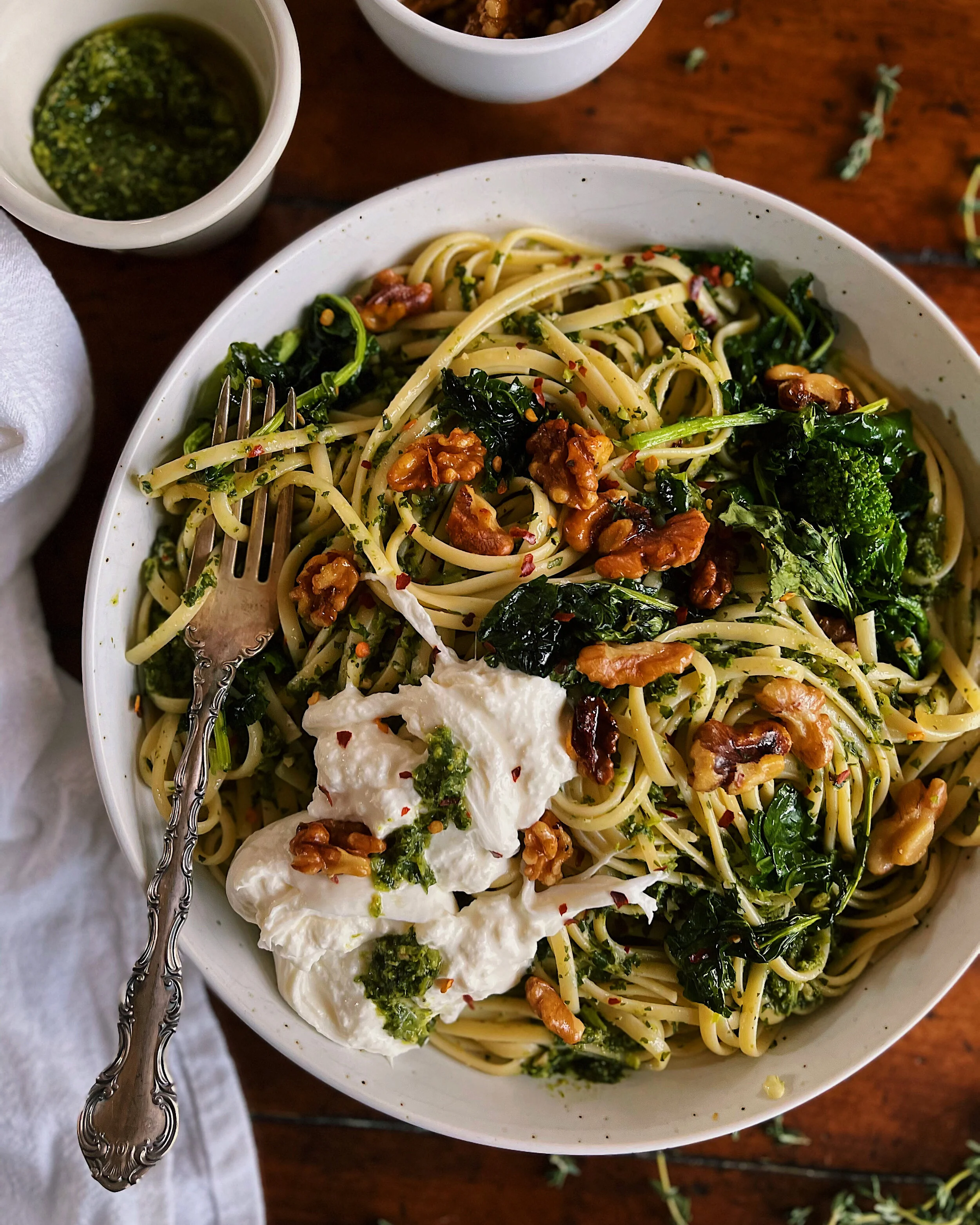 Broccoli Rabe Pesto Pasta with Buttery Walnuts &amp; Burrata