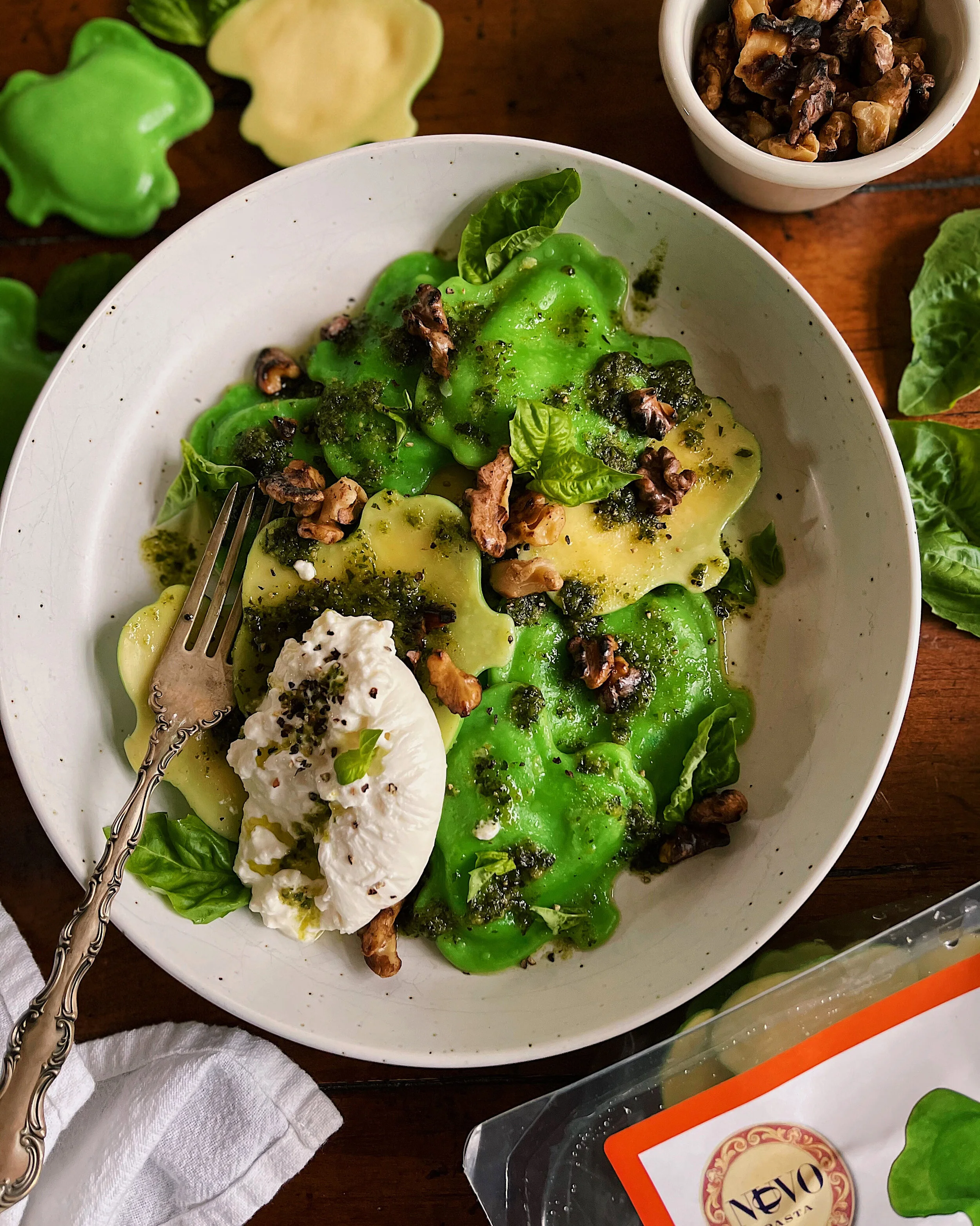 Basil Pesto Shamrock Ravioli with Toasted Walnuts