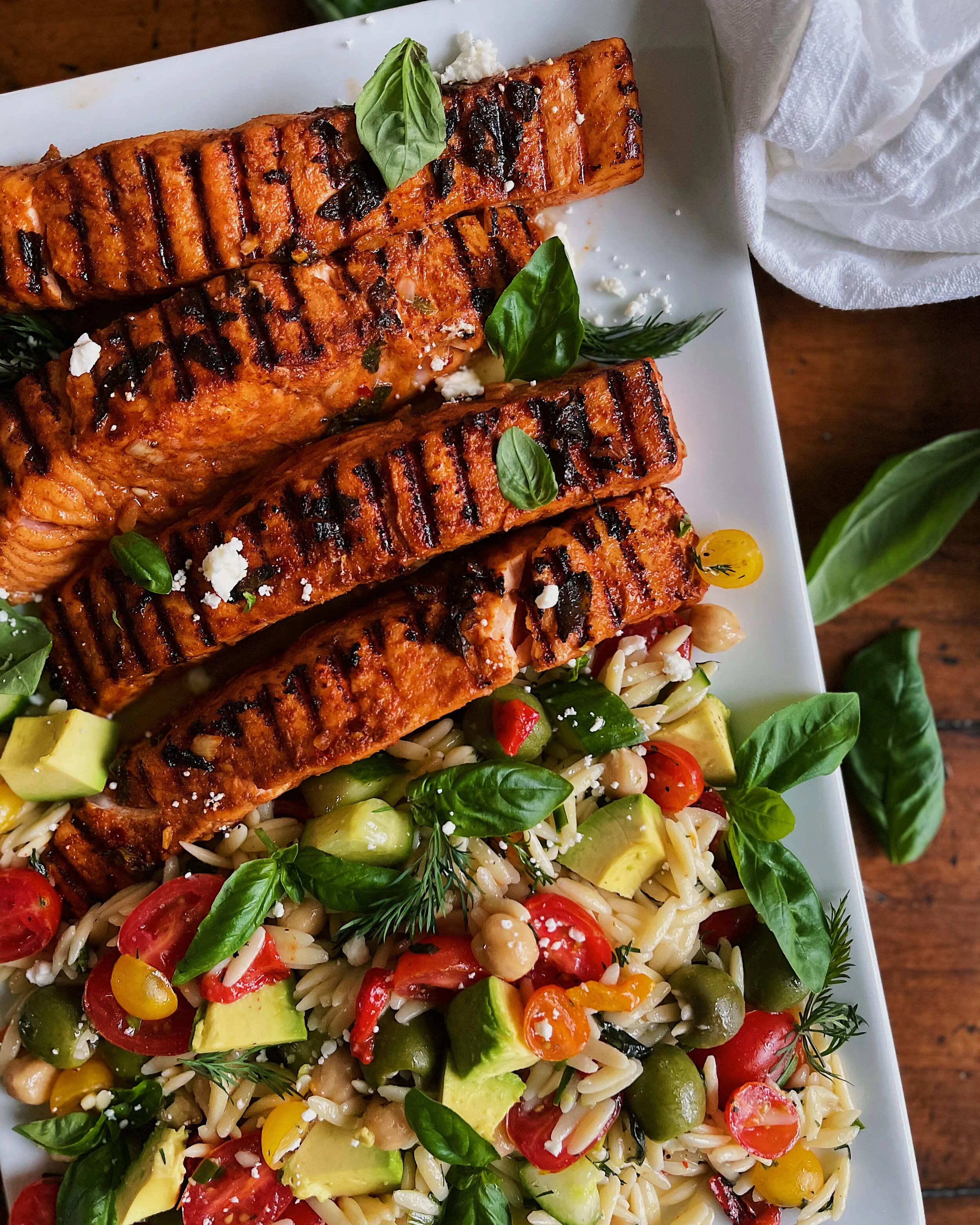 Grilled Salmon with Lemony Orzo Salad
