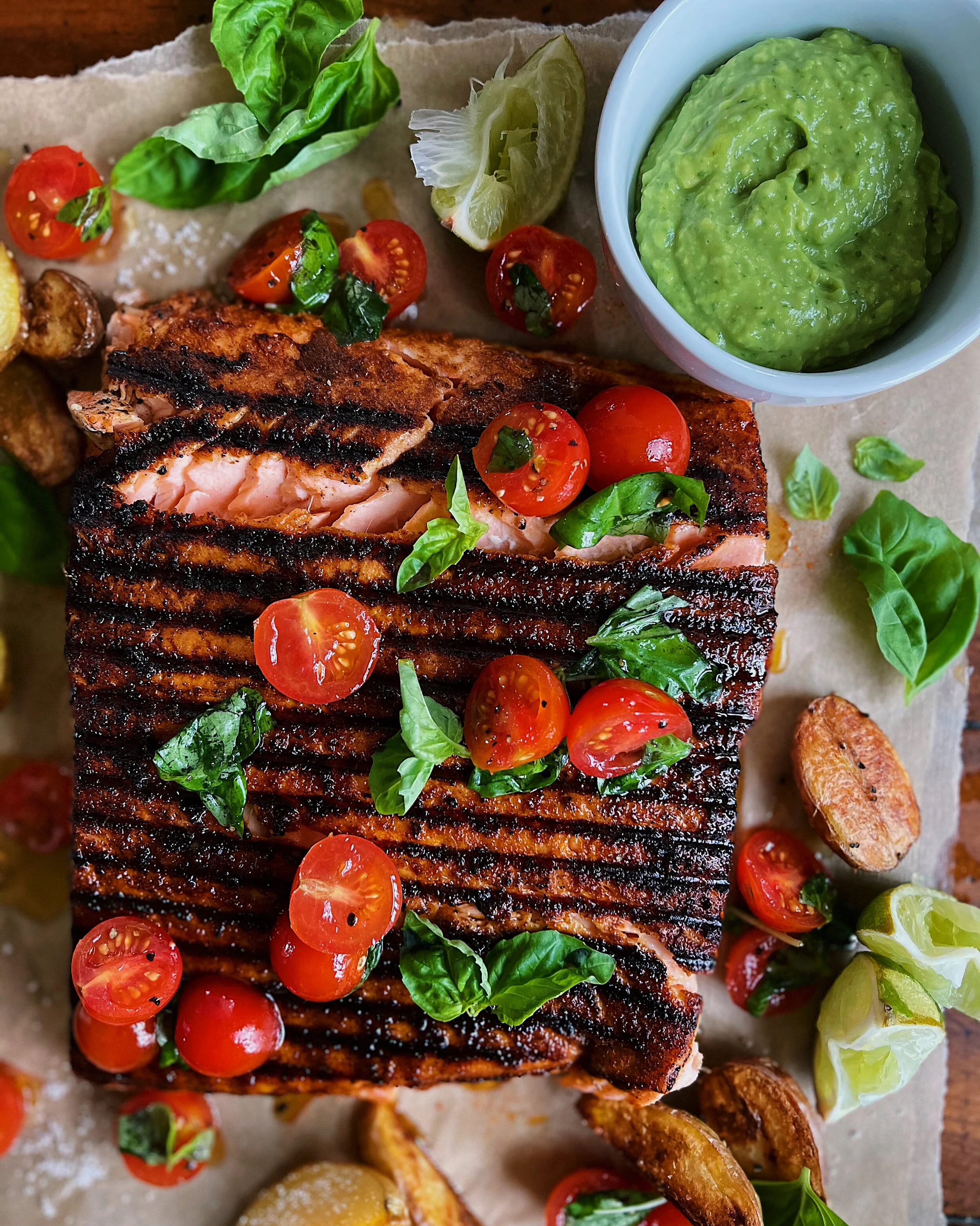 Blackened Hot Honey Salmon with Spicy Avocado Basil Sauce