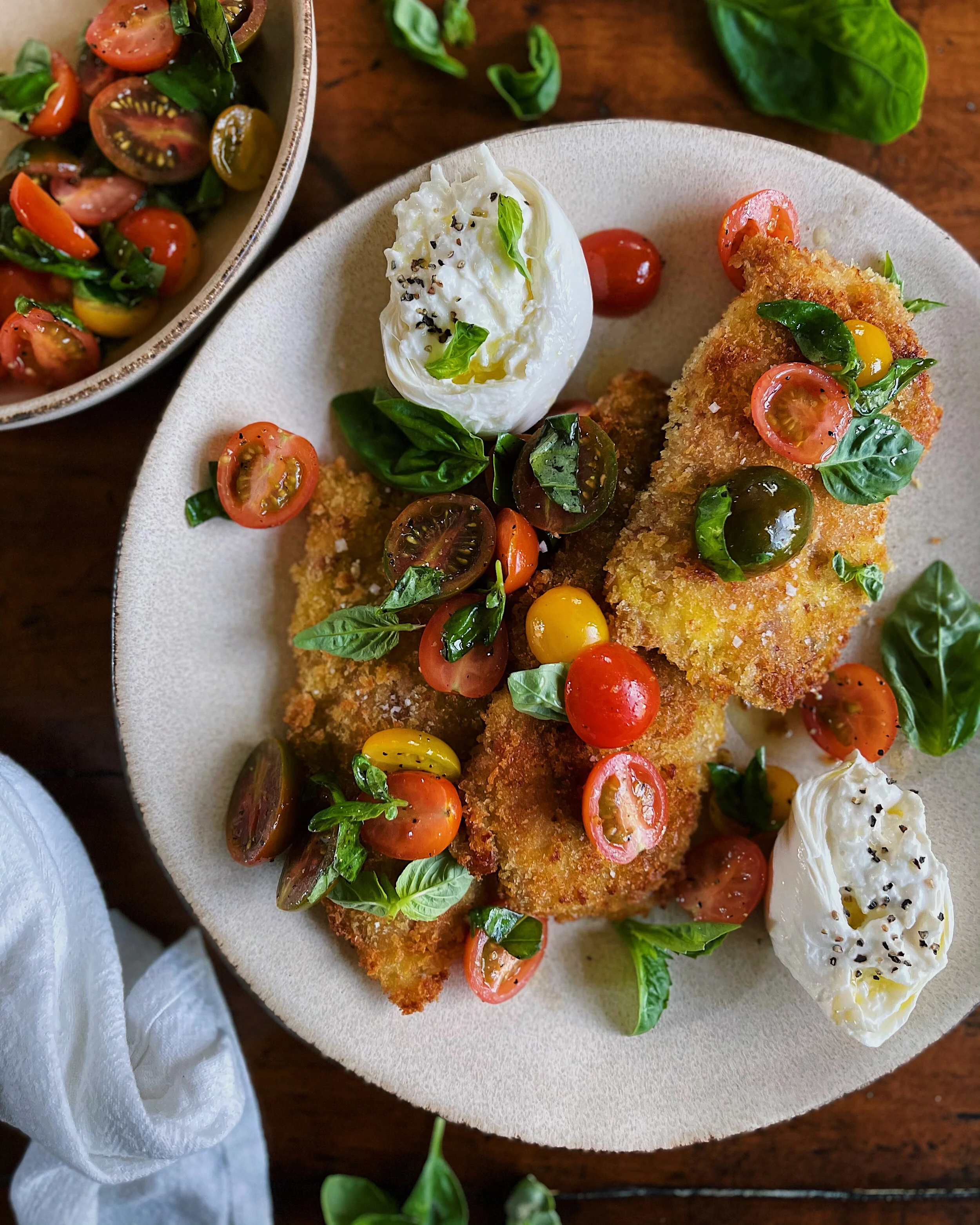 Crispy Panko Crusted Prosciutto Wrapped Chicken with Tomato Salad