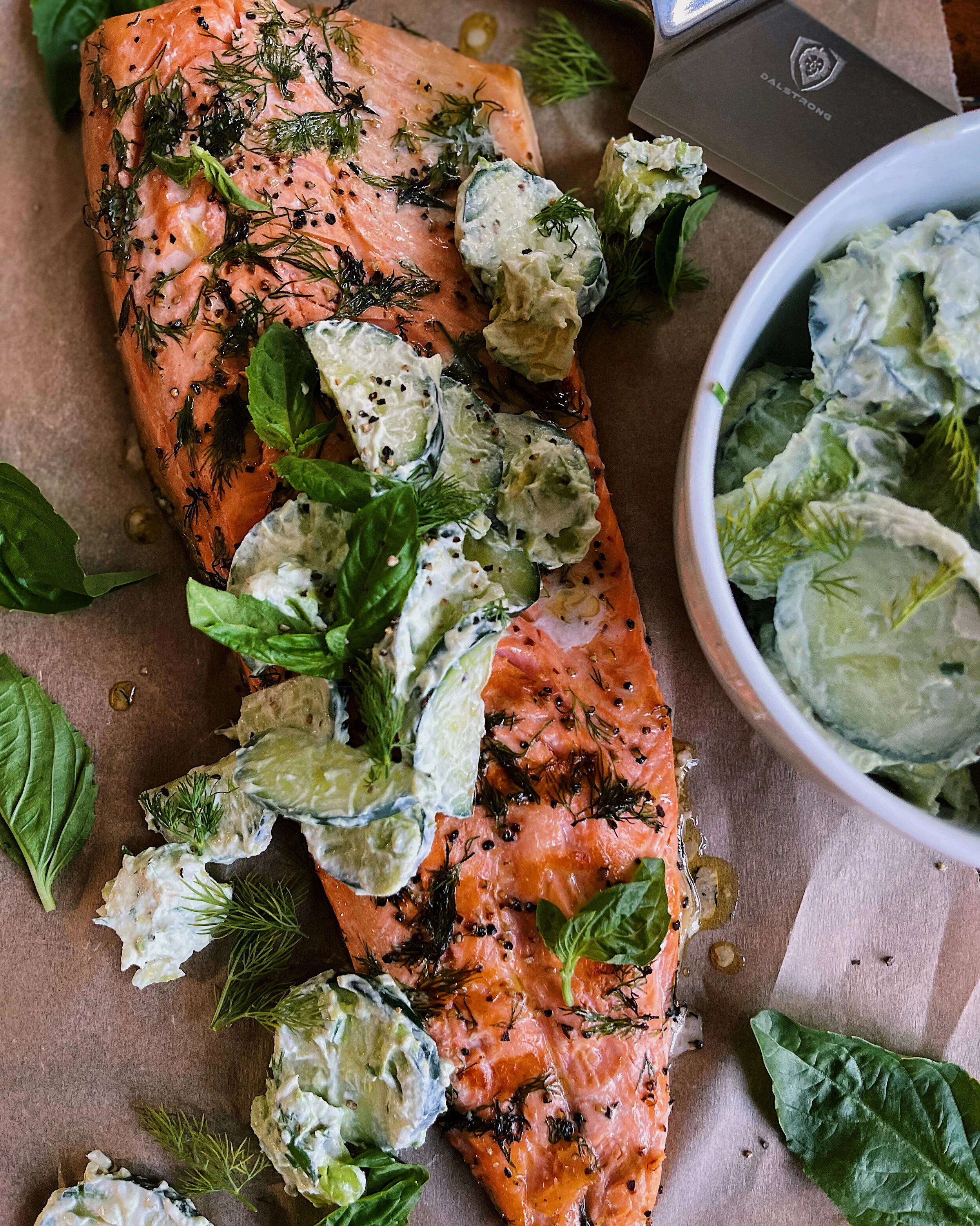 Lemony Dill Salmon with Creamy Cucumber Salad