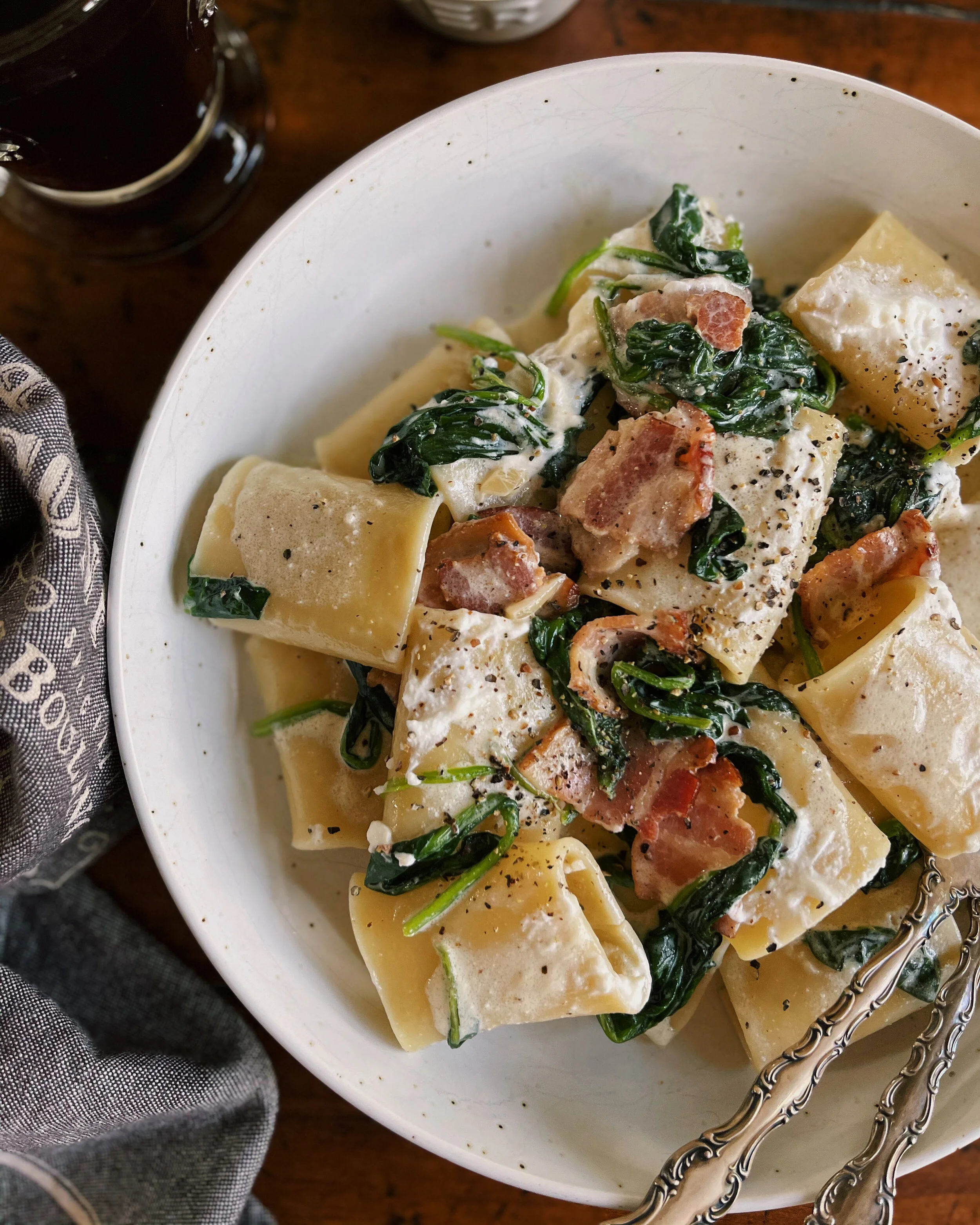 Spinach Bacon Pasta Creamy Ricotta Sauce