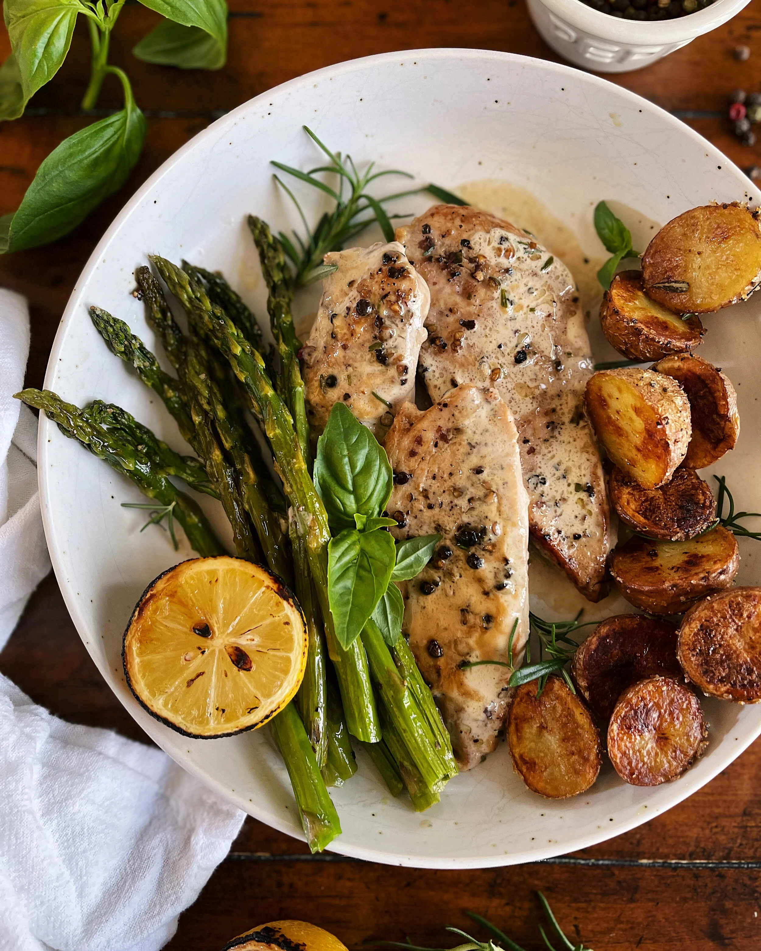 Chicken Au Poivre with Lemon Asparagus &amp; Rosemary Roasted Potatoes