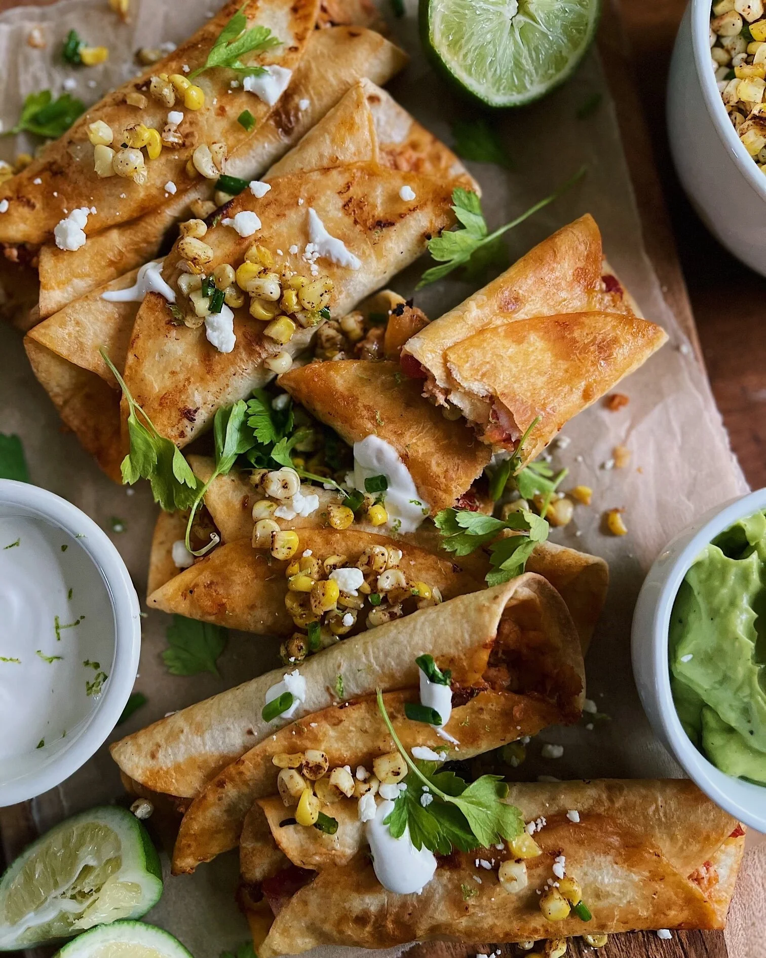 Chipotle Chicken Taquitos with Street Corn