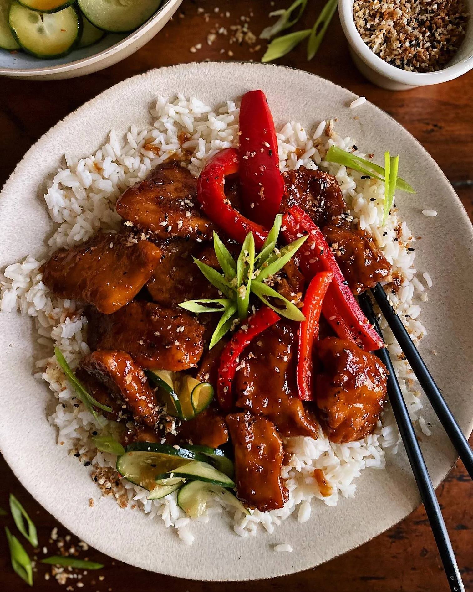 Sticky Teriyaki Chicken with Red Peppers &amp; Spicy Cucumbers