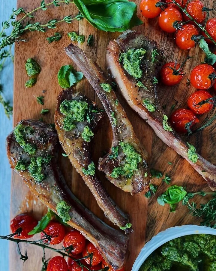 Grilled Lamb Chops with Avocado Chimichurri &amp; Roasted Tomatoes