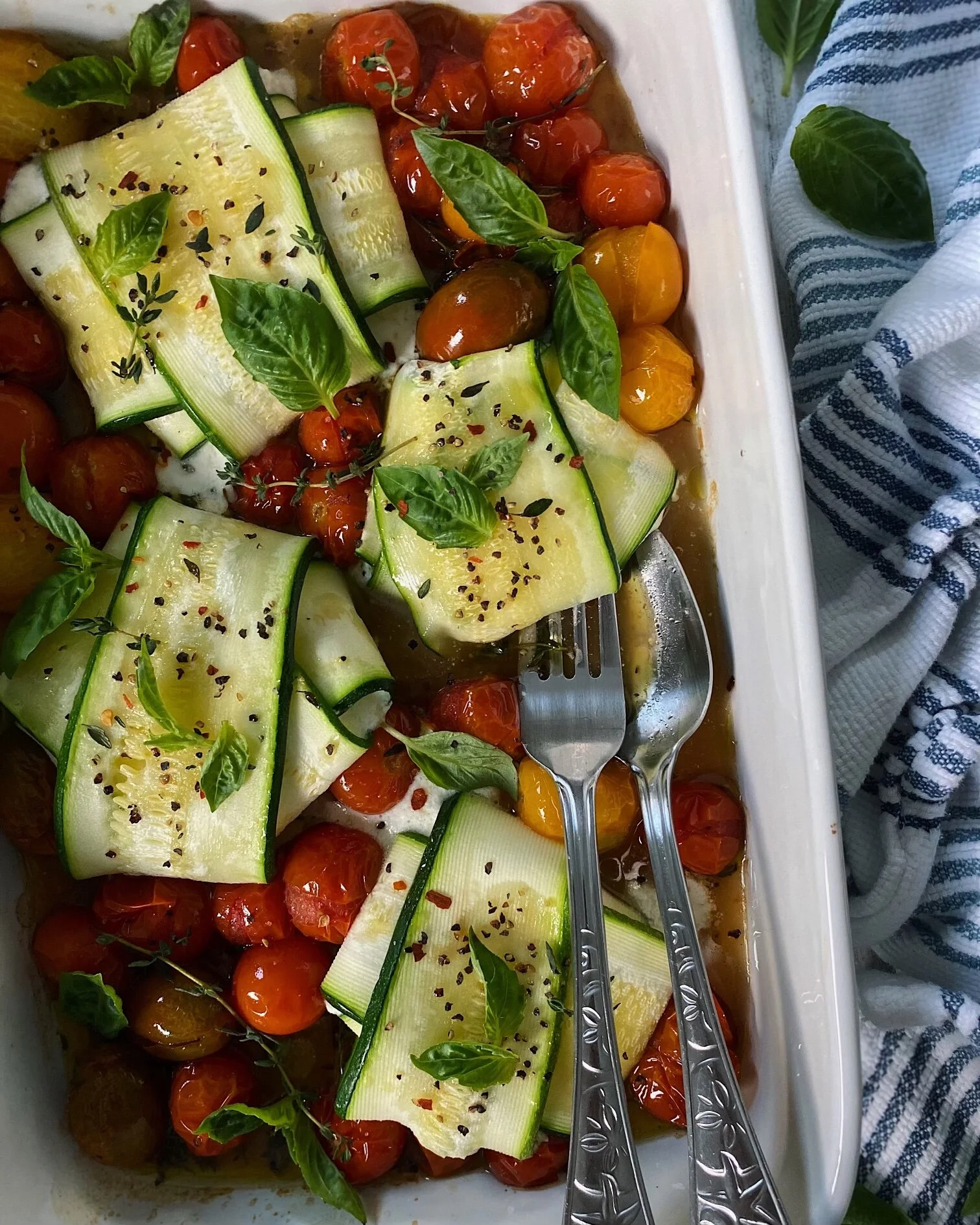 Zucchini Raviolis with Herby Burst Cherry Tomatoes