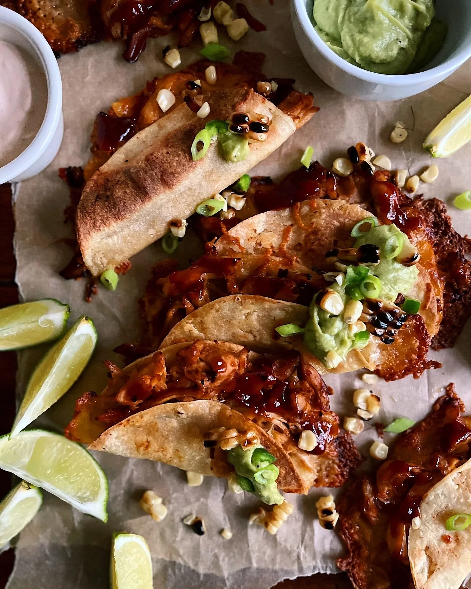 Crispy Chipotle BBQ Pulled Chicken Tacos with Creamy Avocado &amp; Sweet Corn