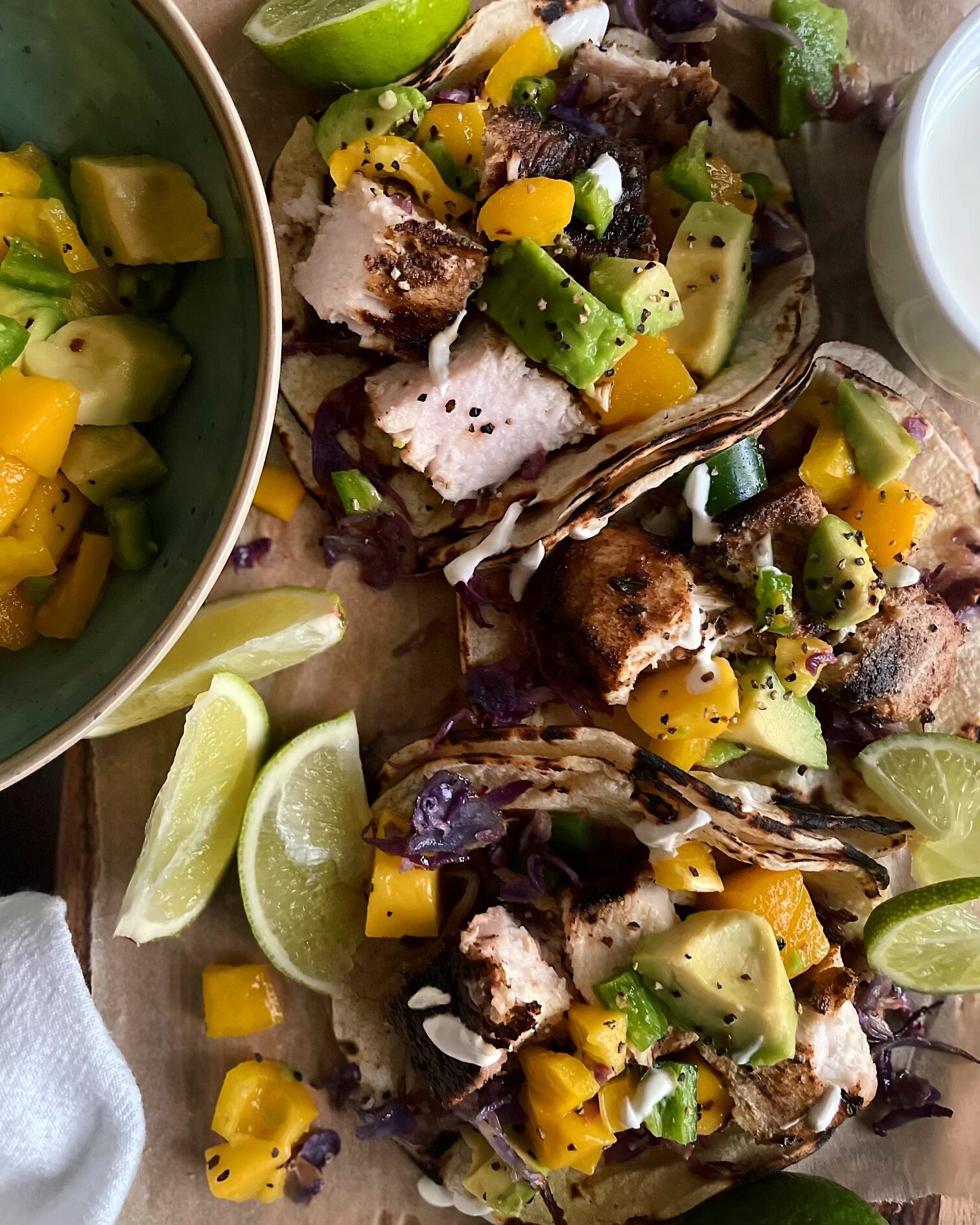 Grilled Blackened Swordfish Tacos with Mango Avocado Salsa