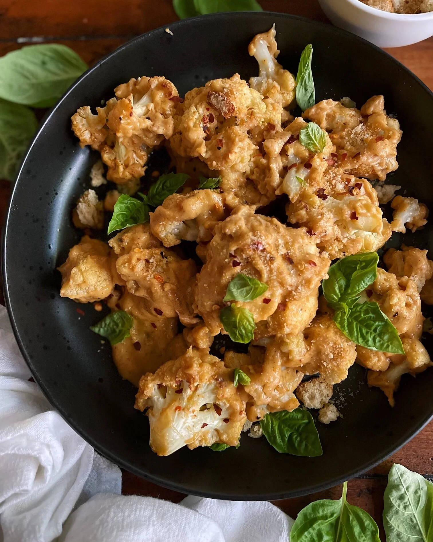 Cheesy Cauliflower with Spicy Basil Breadcrumbs
