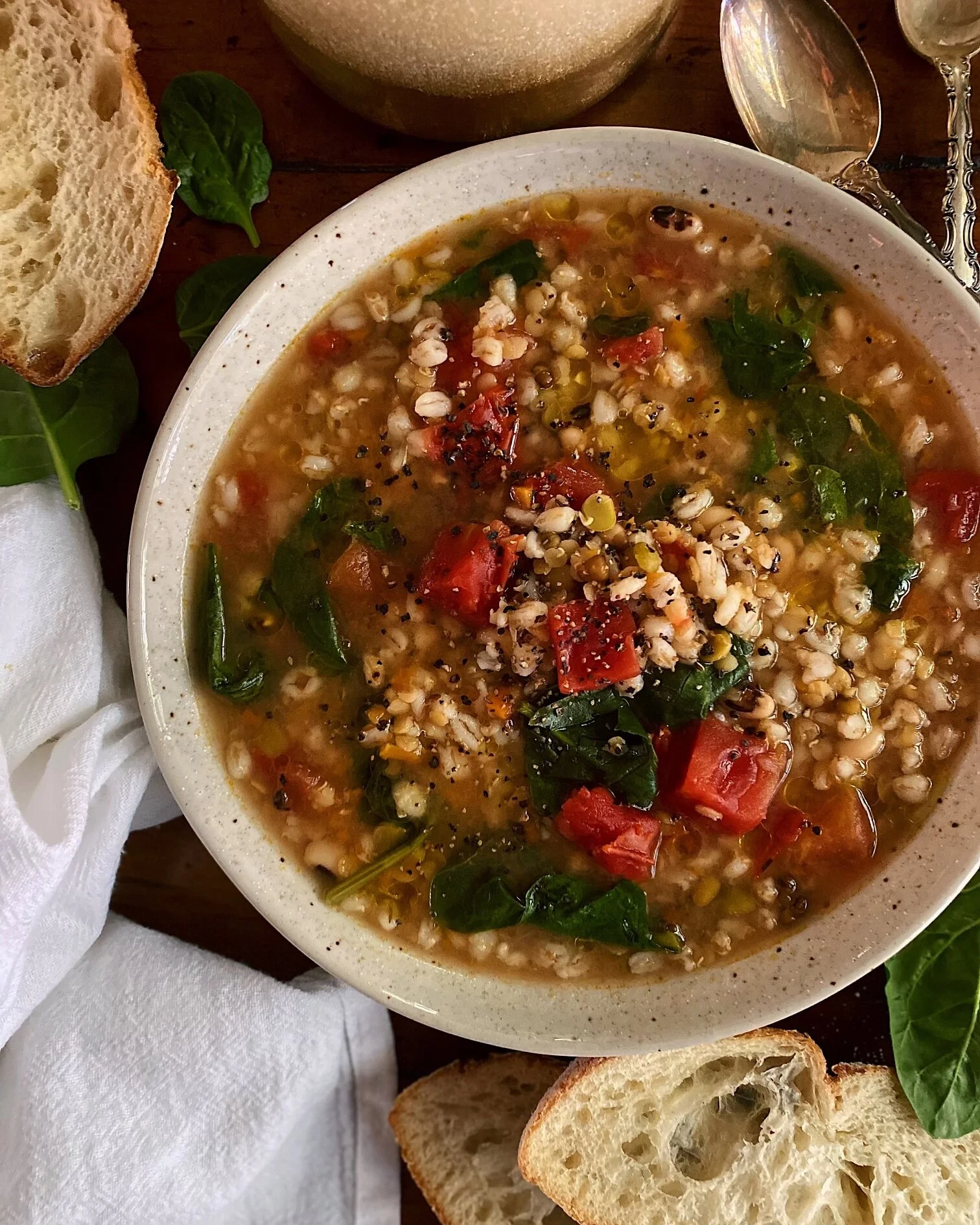 Tuscan Farro Soup with Fire Roasted Tomatoes &amp; Spinach