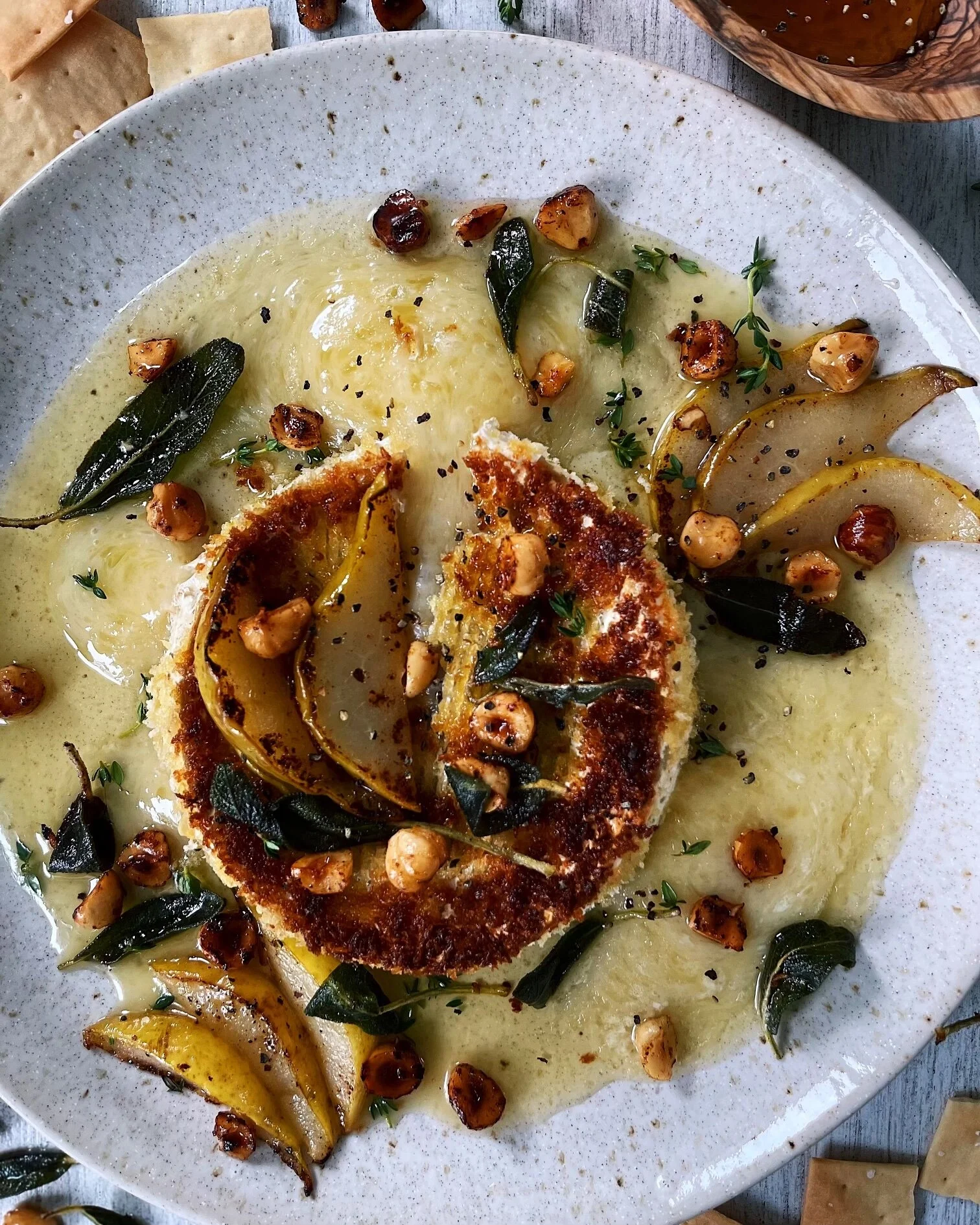 Pan Fried Brie with Brown Butter Sage Pears &amp; Hazelnuts