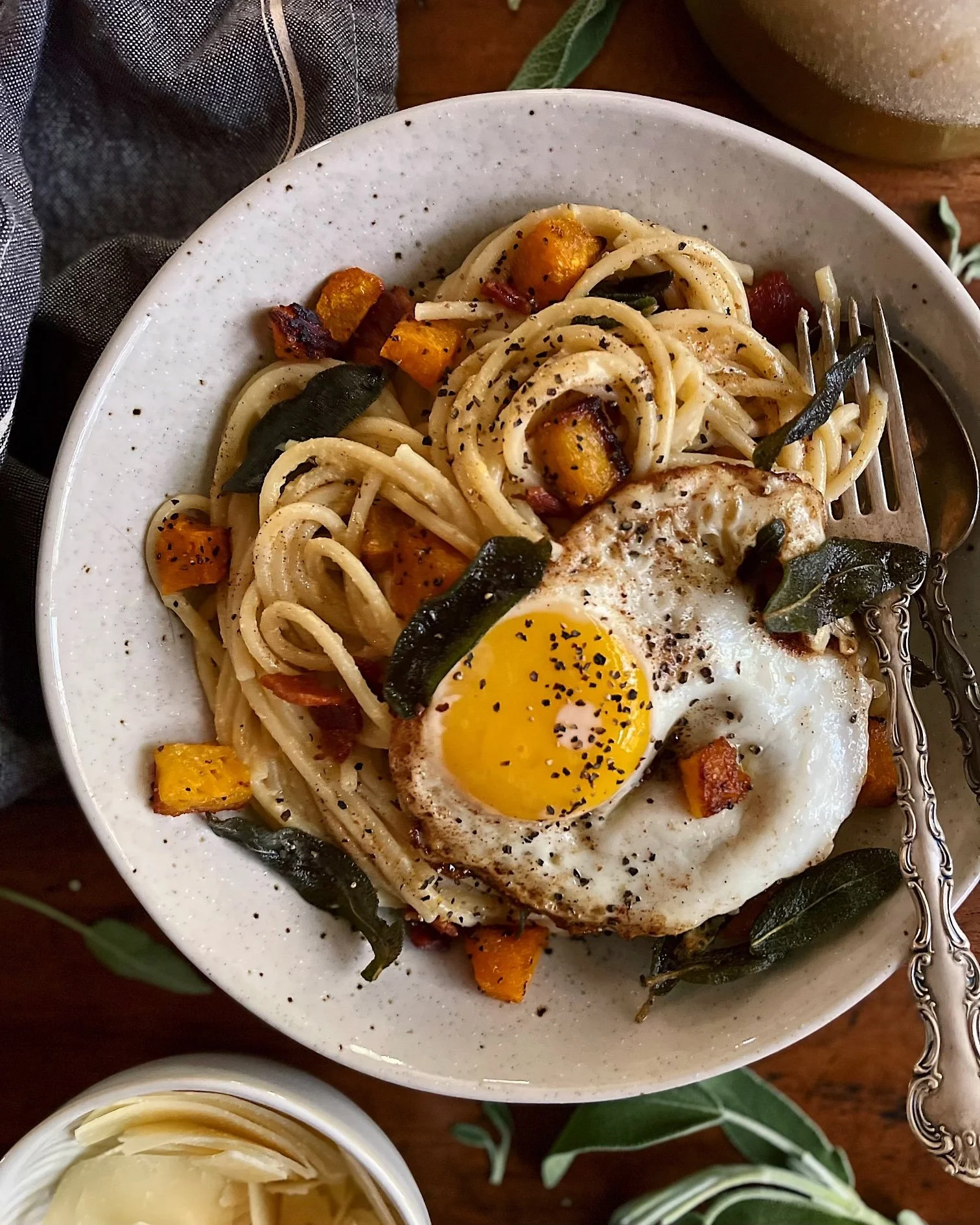 Creamy Butternut Squash Pasta with Brown Butter Sage Fried Eggs