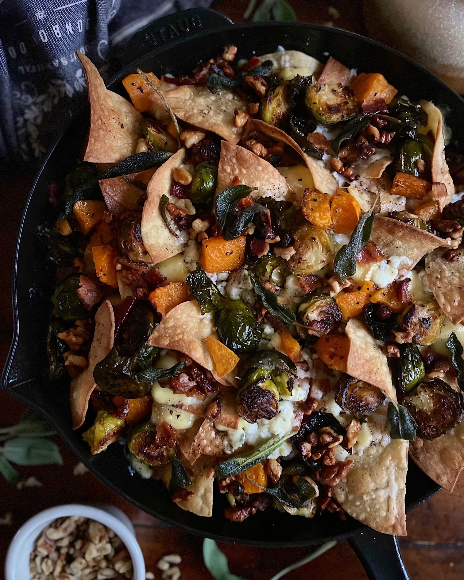 Brown Butter Butternut Squash Brussels Sprout &amp; Brie Skillet Nachos